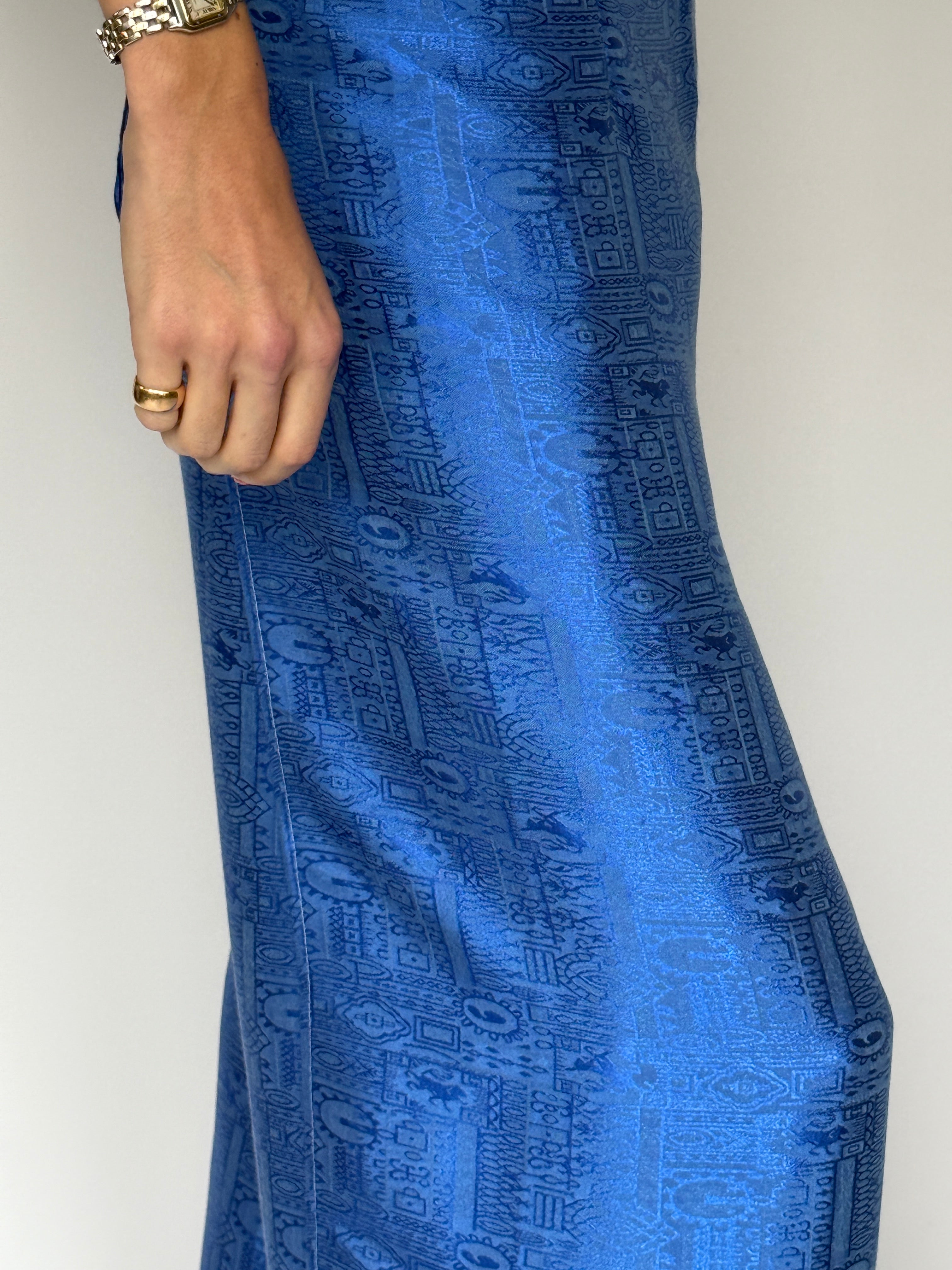 Vintage wide-leg jacquard pants with straight silhouette blue detail