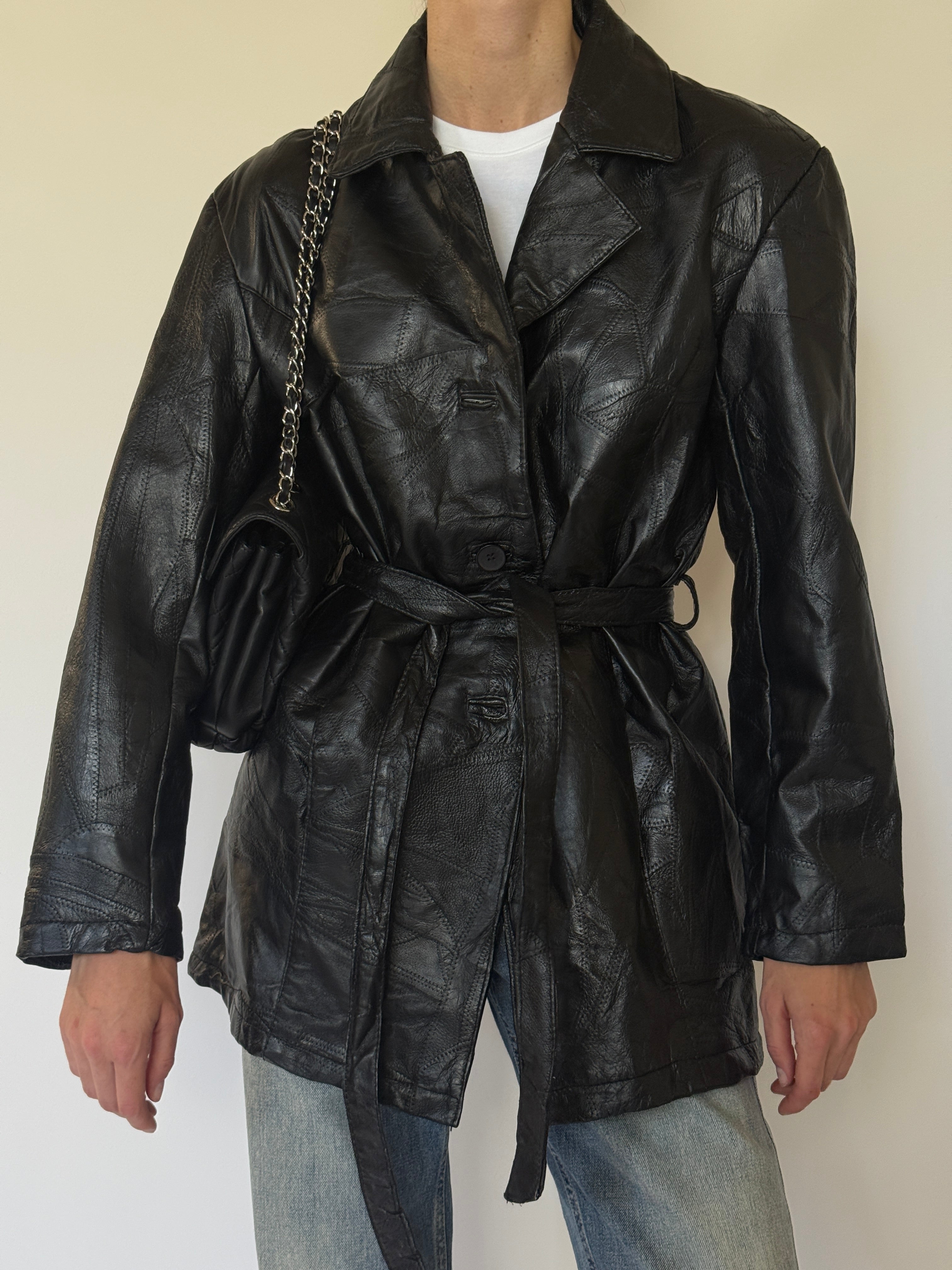 Vintage Patchwork Leather Belted Jacket Black 7482