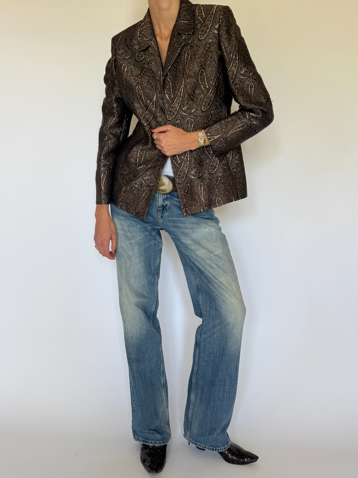Vintage paisley brocade blazer brown final styled angle