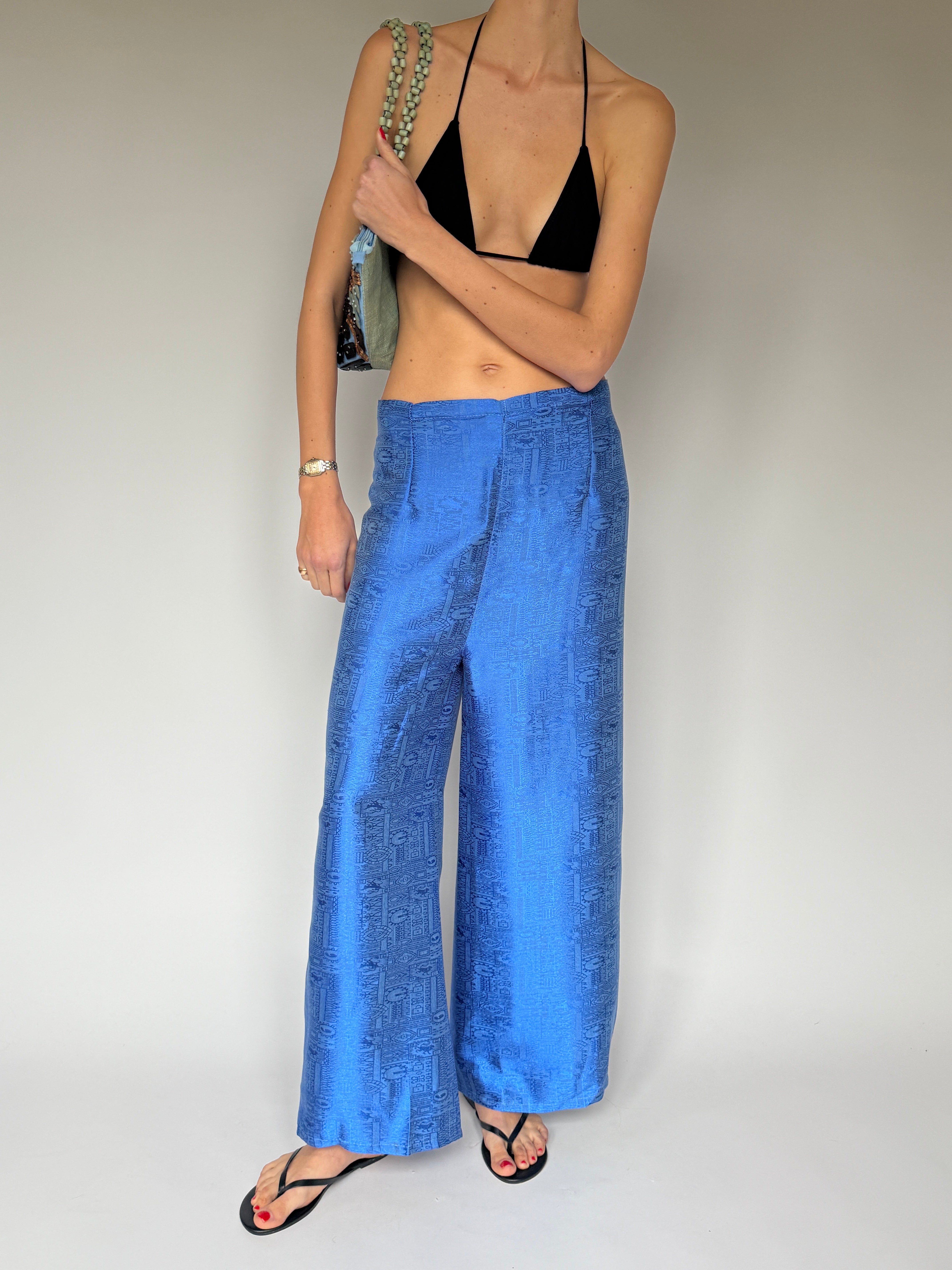 Vintage textured jacquard trousers featuring relaxed wide leg blue