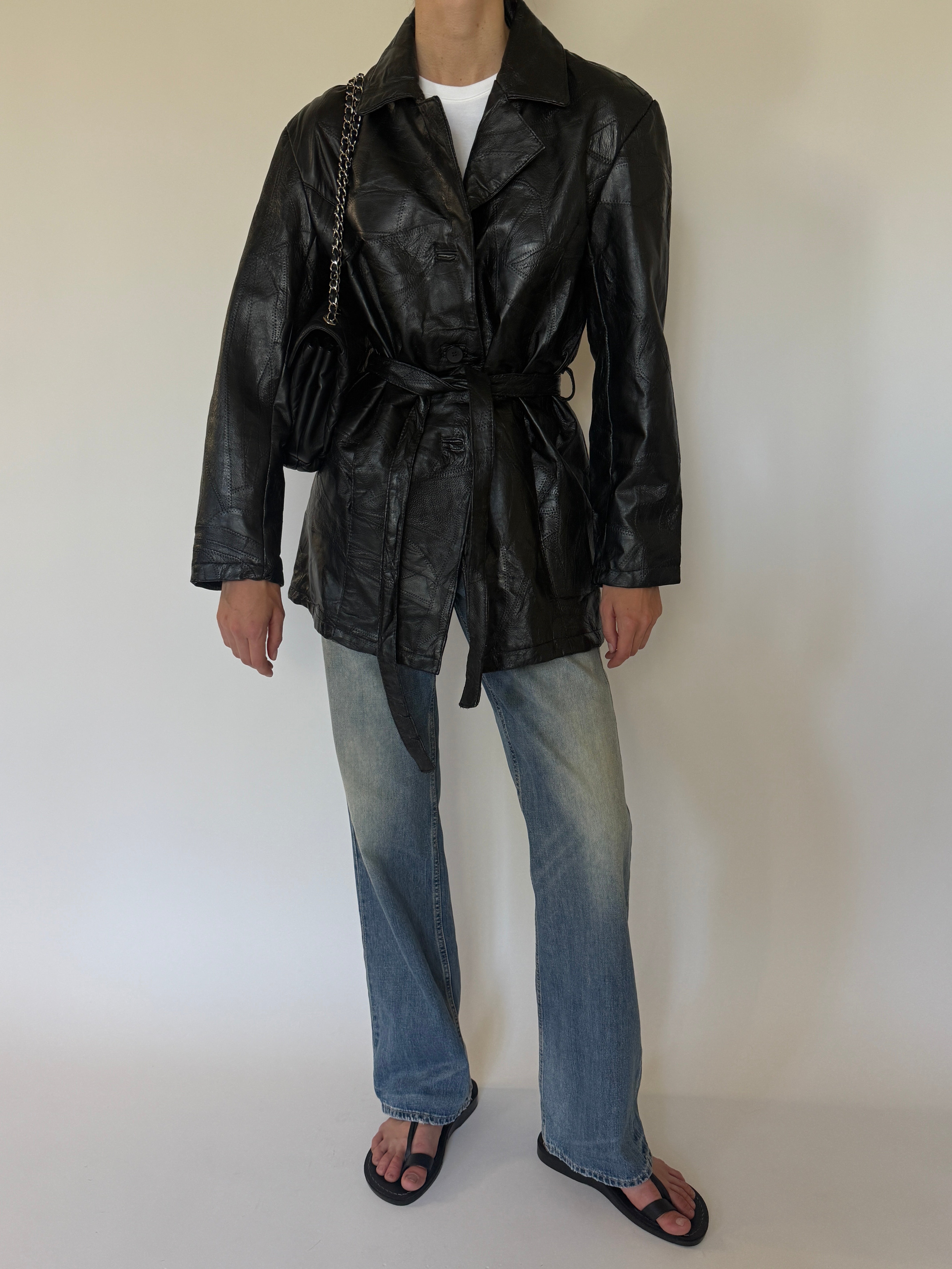 Vintage Patchwork Leather Belted Jacket Black 7482