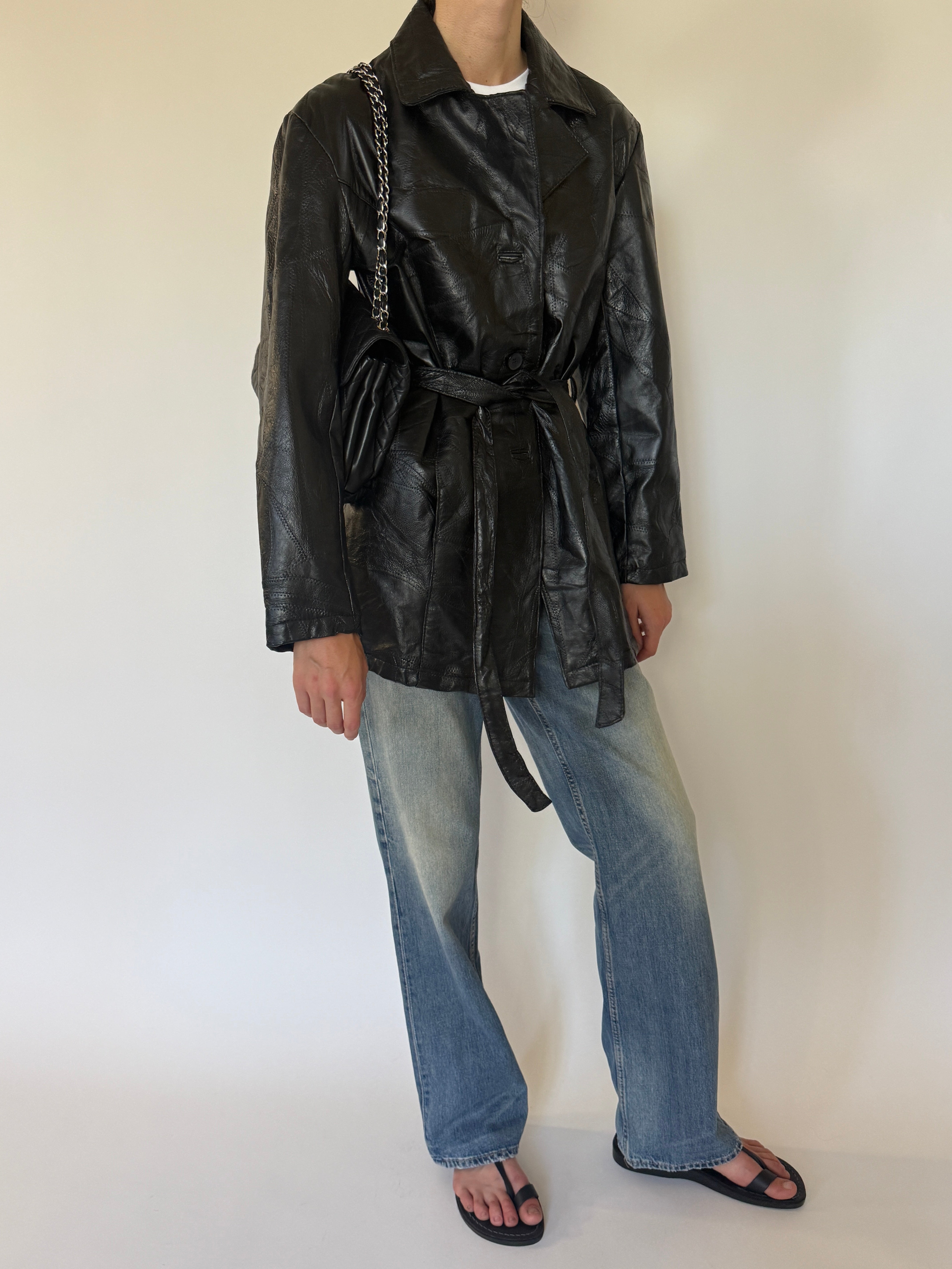 Vintage Patchwork Leather Belted Jacket Black 7482