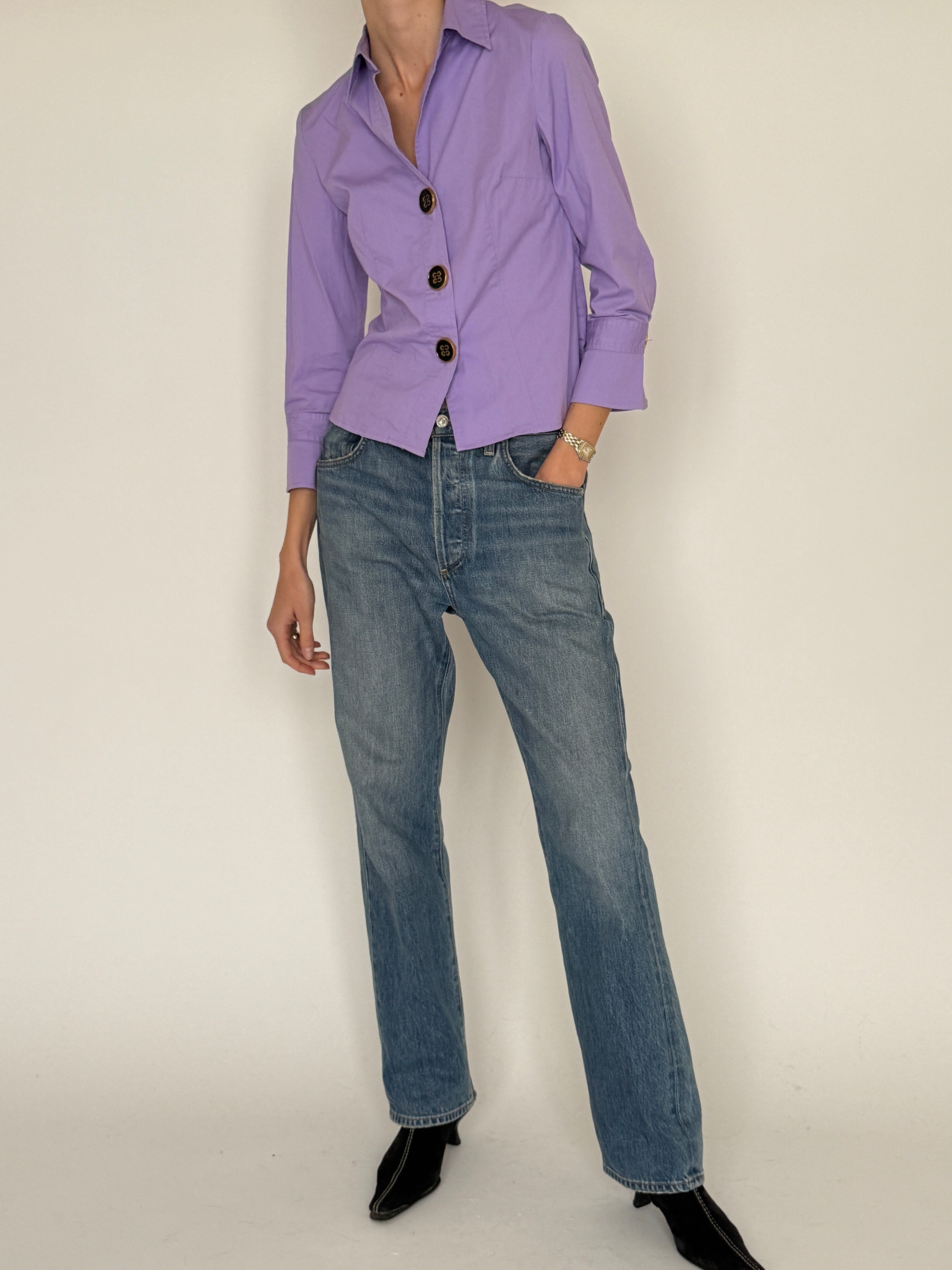 Vintage purple button-front blouse front view