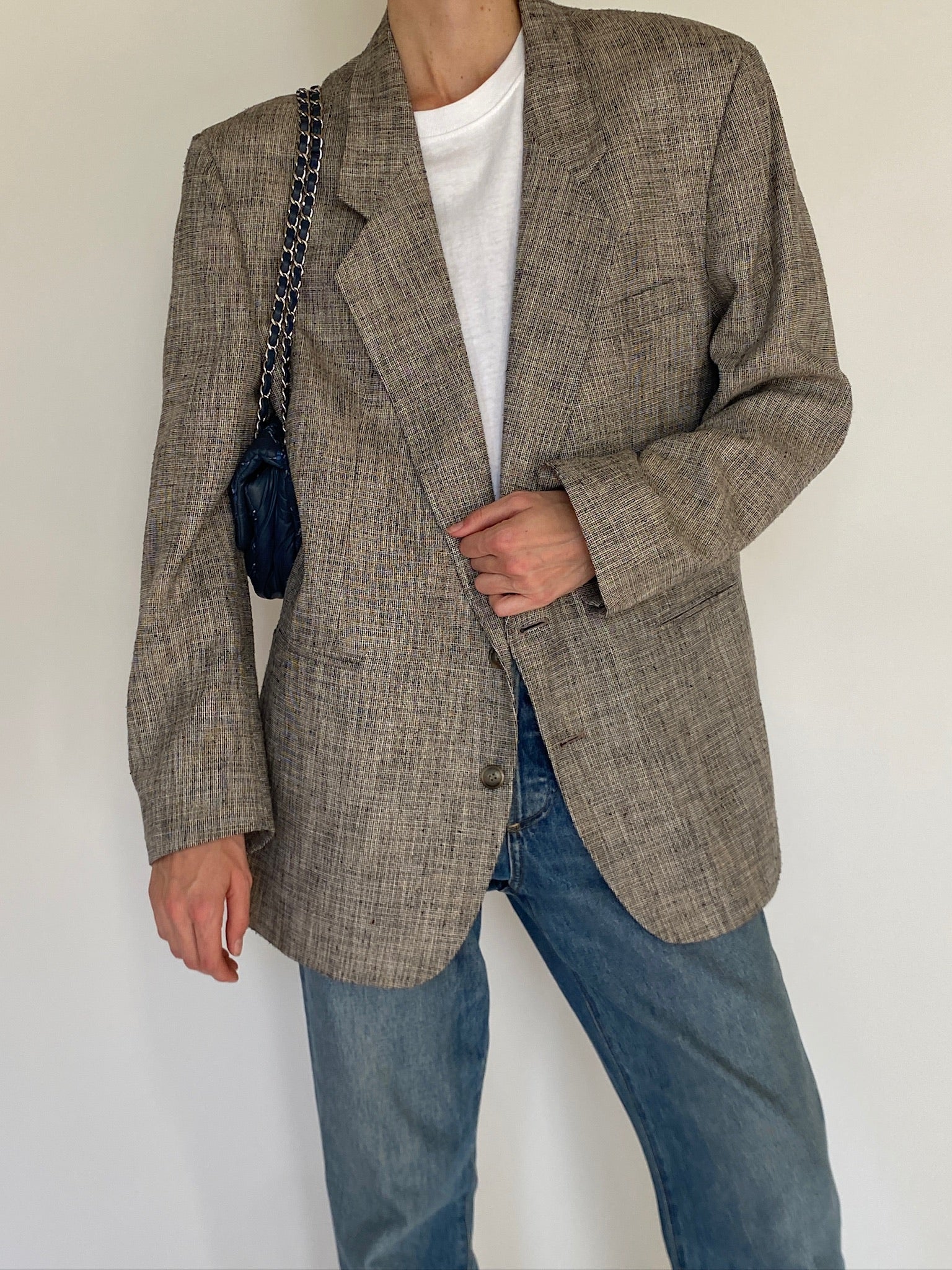 Vintage oversized taupe textured blazer front view
