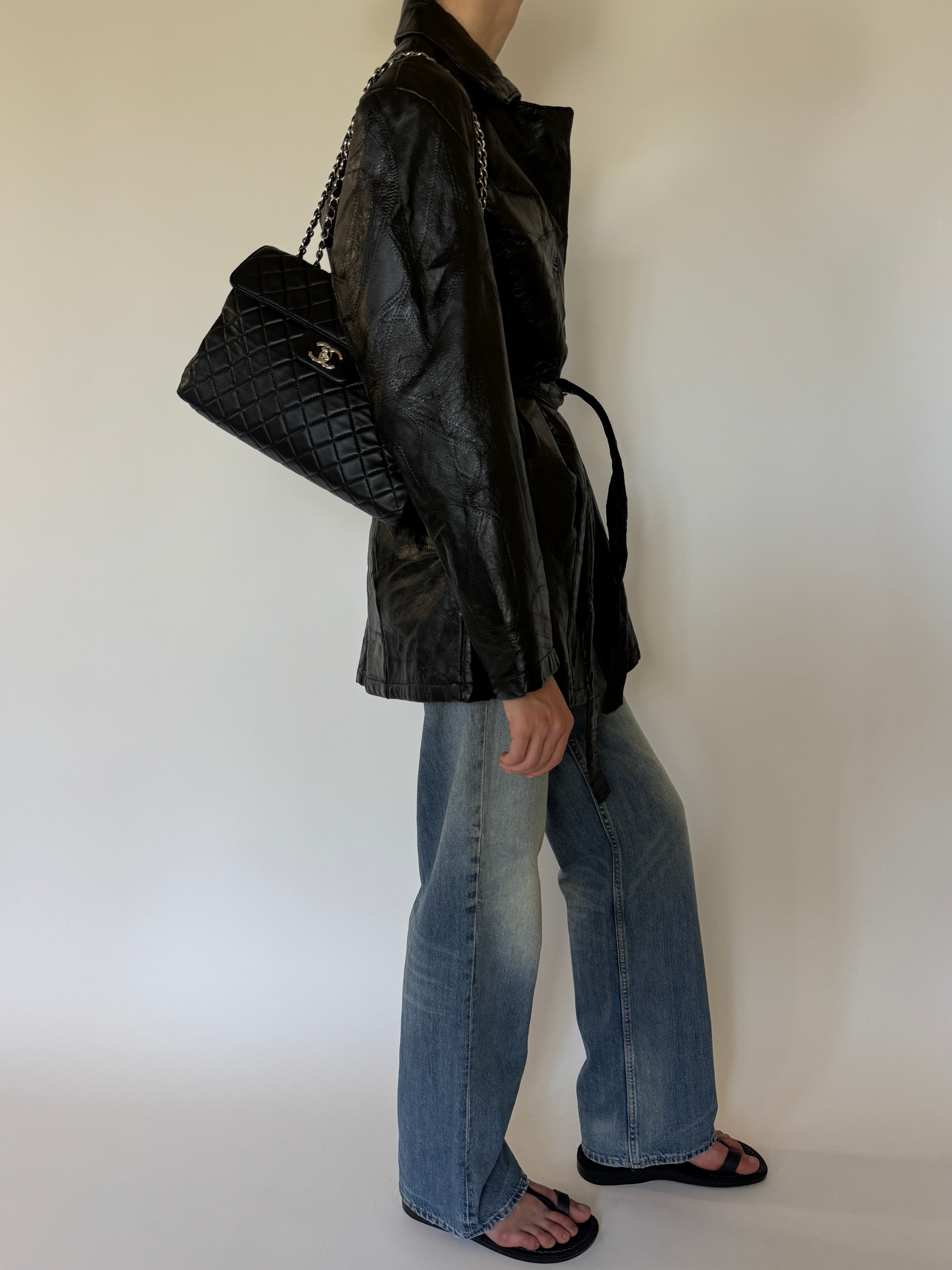 Vintage Patchwork Leather Belted Jacket Black 7482