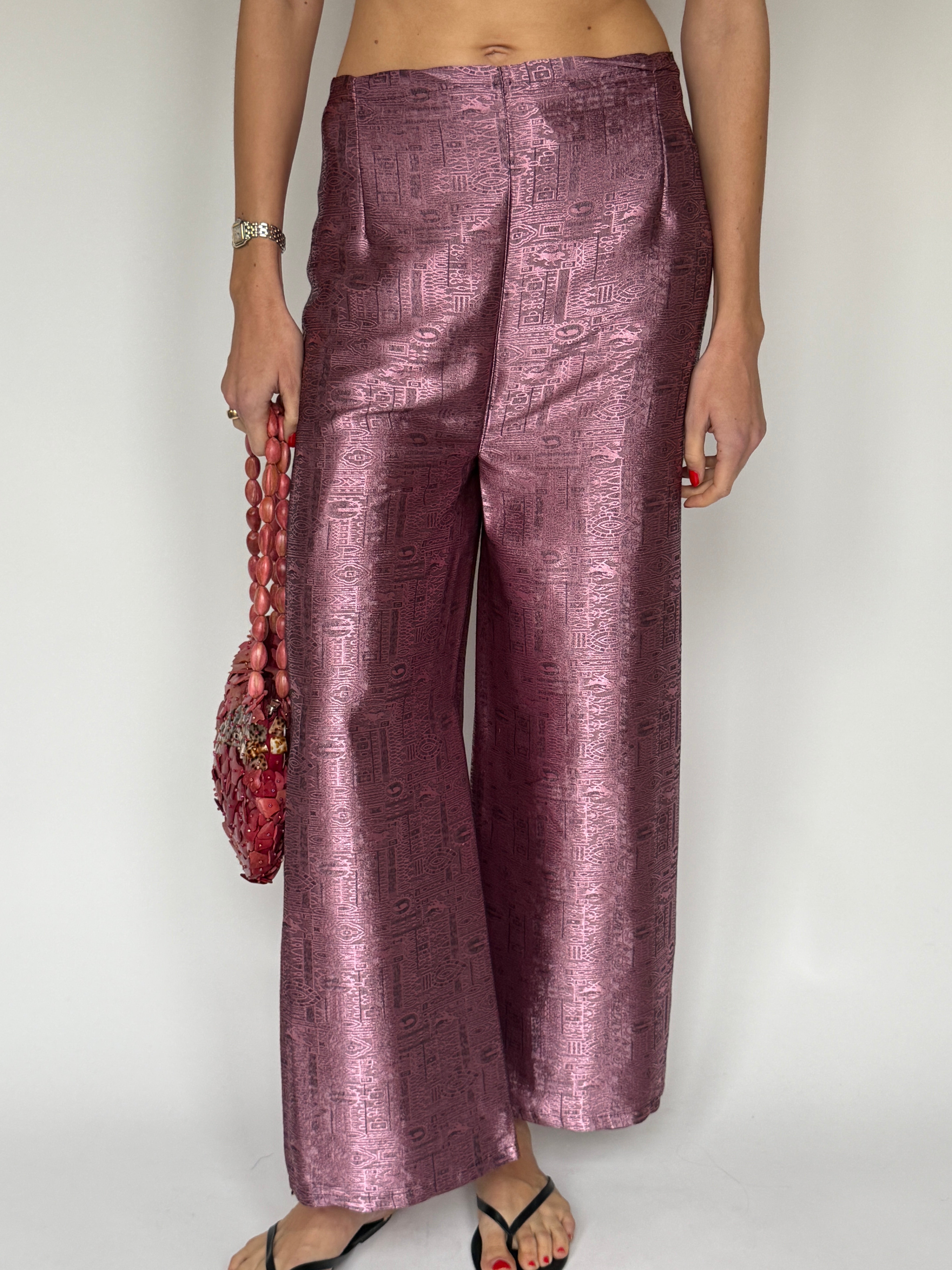 Vintage metallic wrap pants dusty rose front view