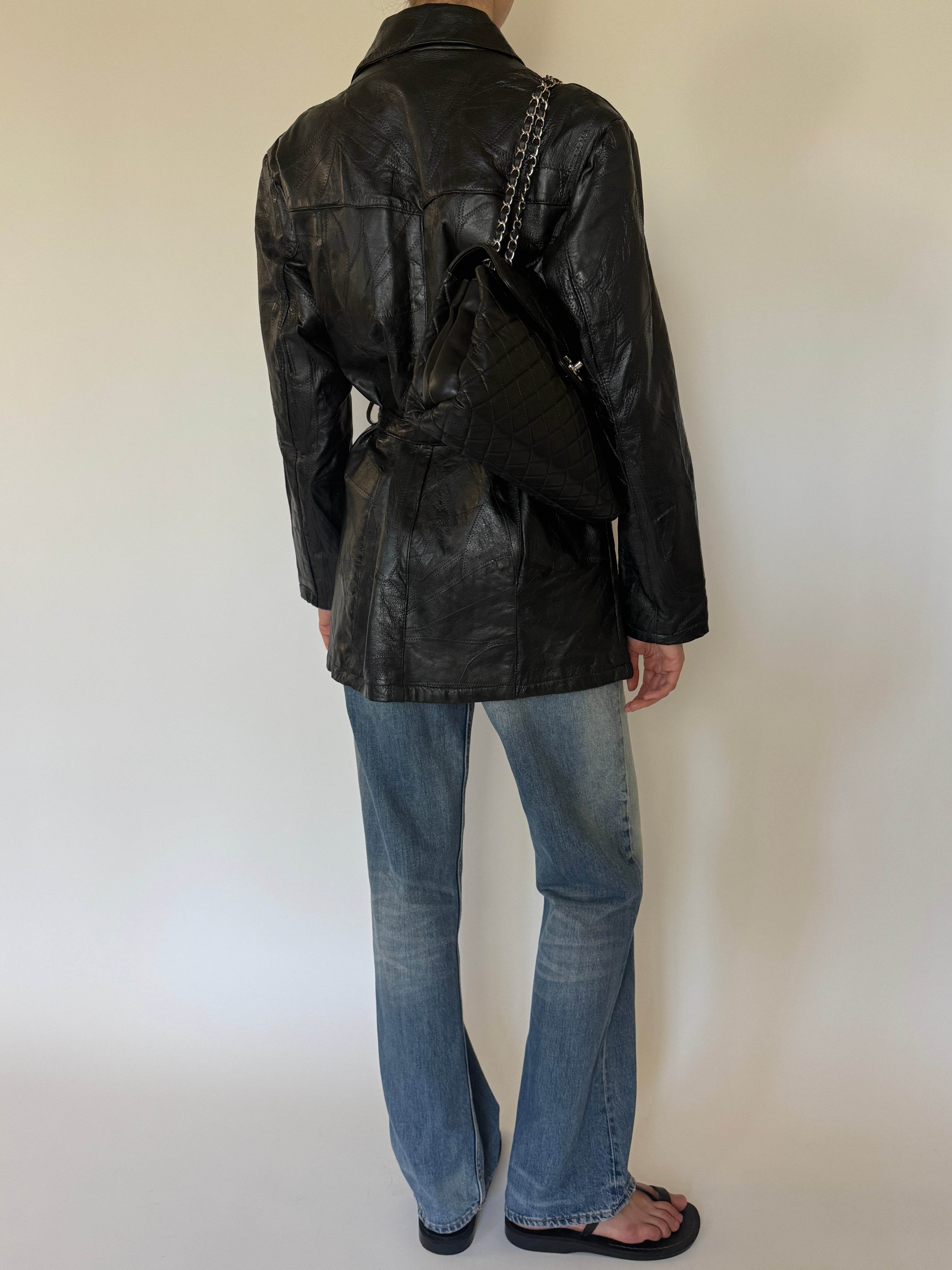 Vintage Patchwork Leather Belted Jacket Black 7482