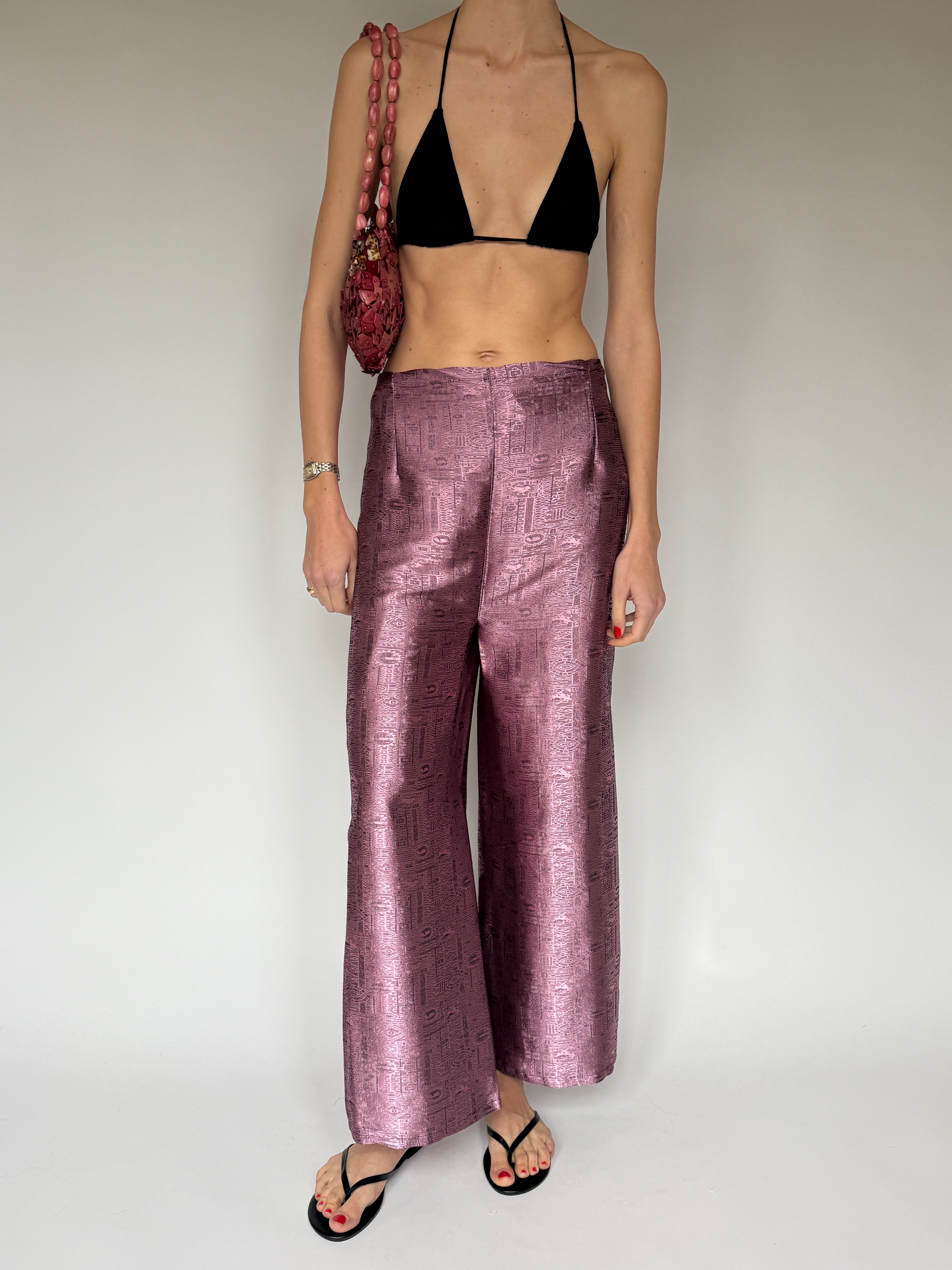 Vintage metallic wrap pants dusty rose front view
