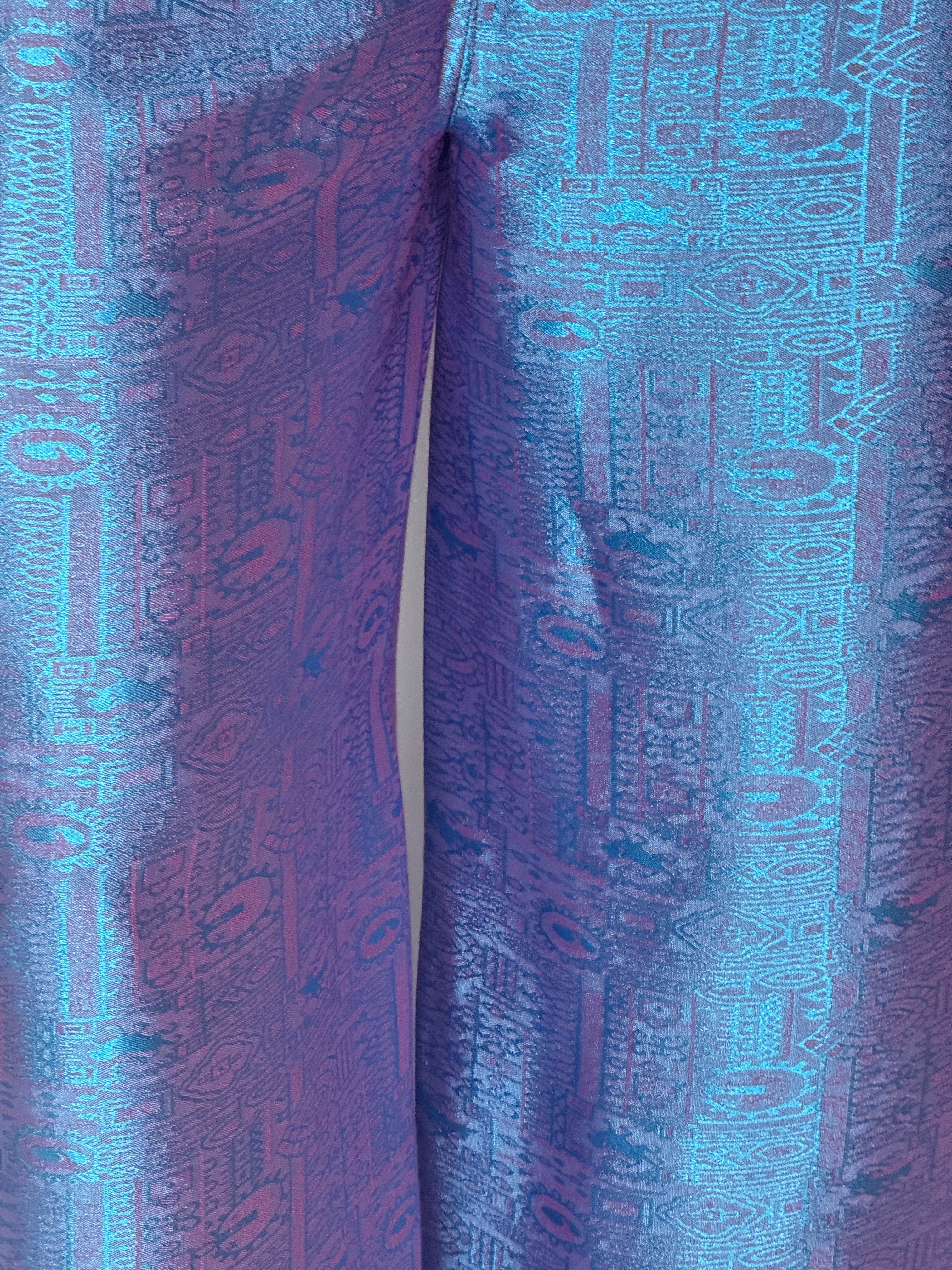 Vintage wide-leg wrap pants with silky sheen and woven pattern in purple blue detail