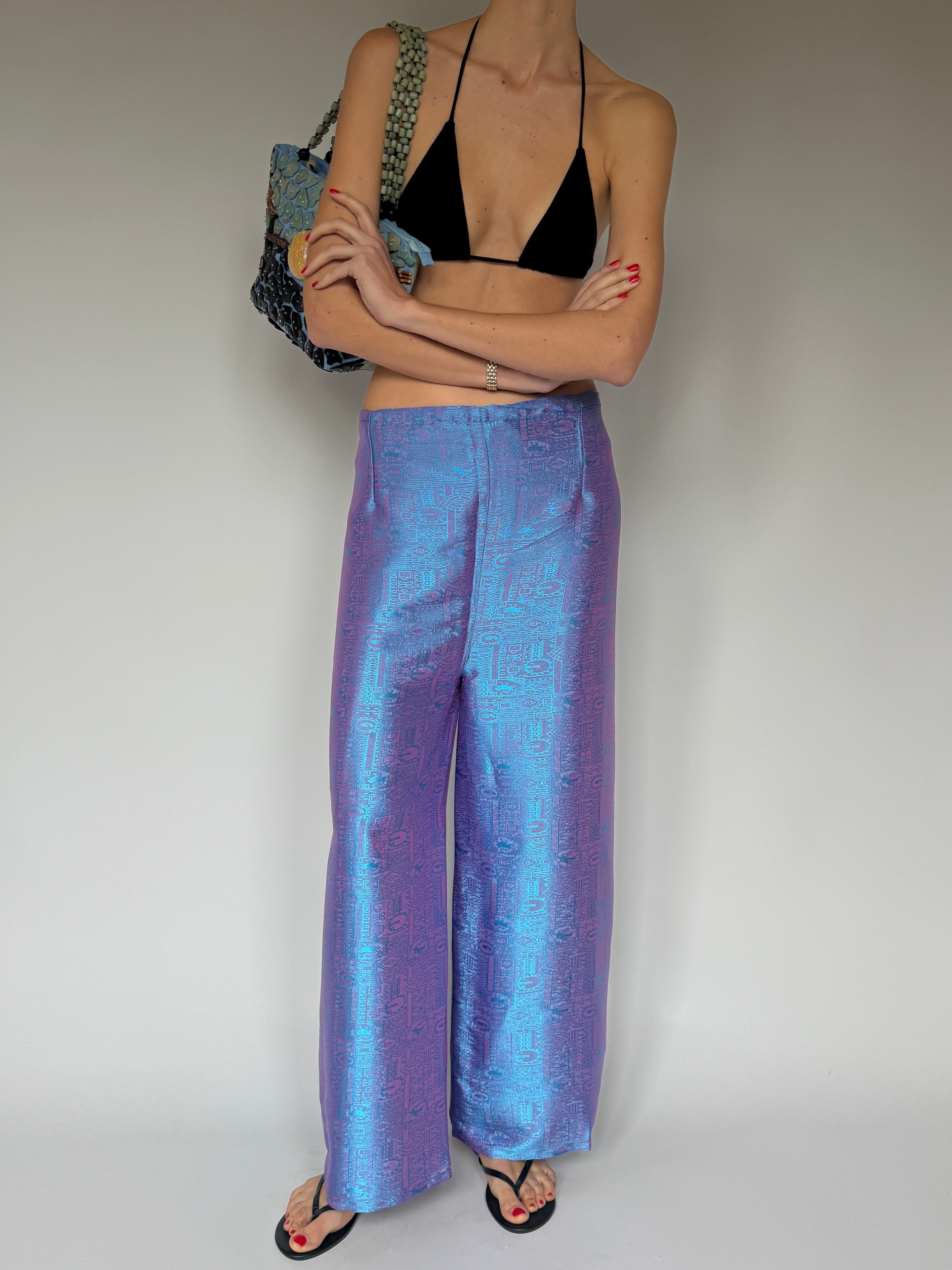 Vintage lightweight wrap pants with all-over jacquard texture in purple blue