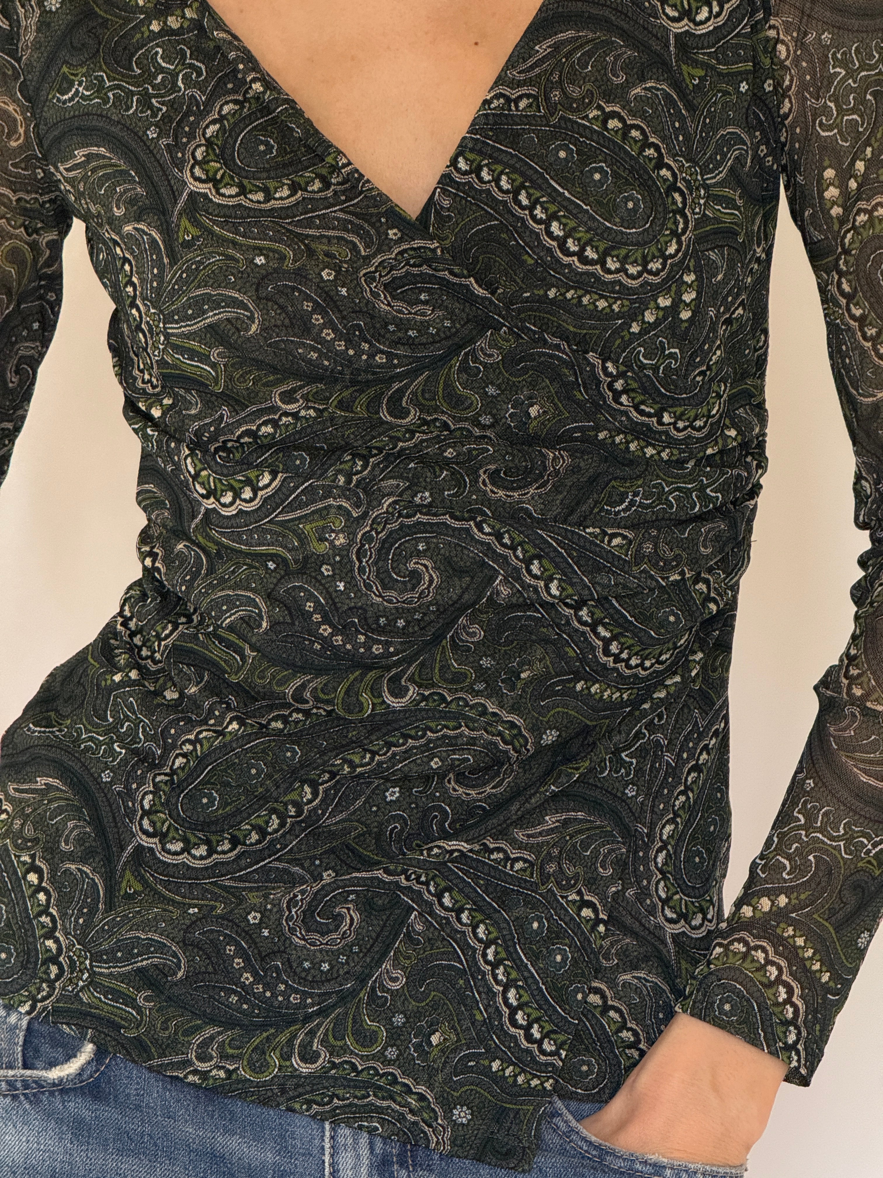 Vintage green paisley mesh wrap top front view