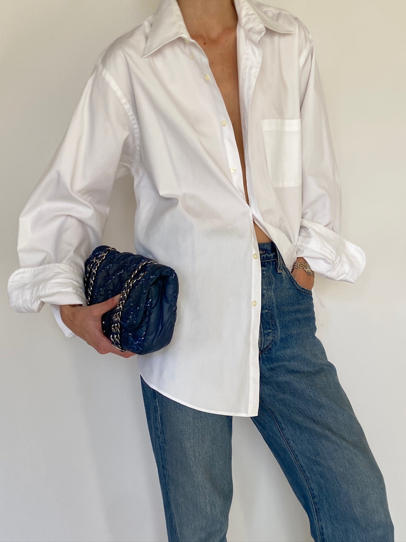 Vintage white cotton blend shirt angled front view