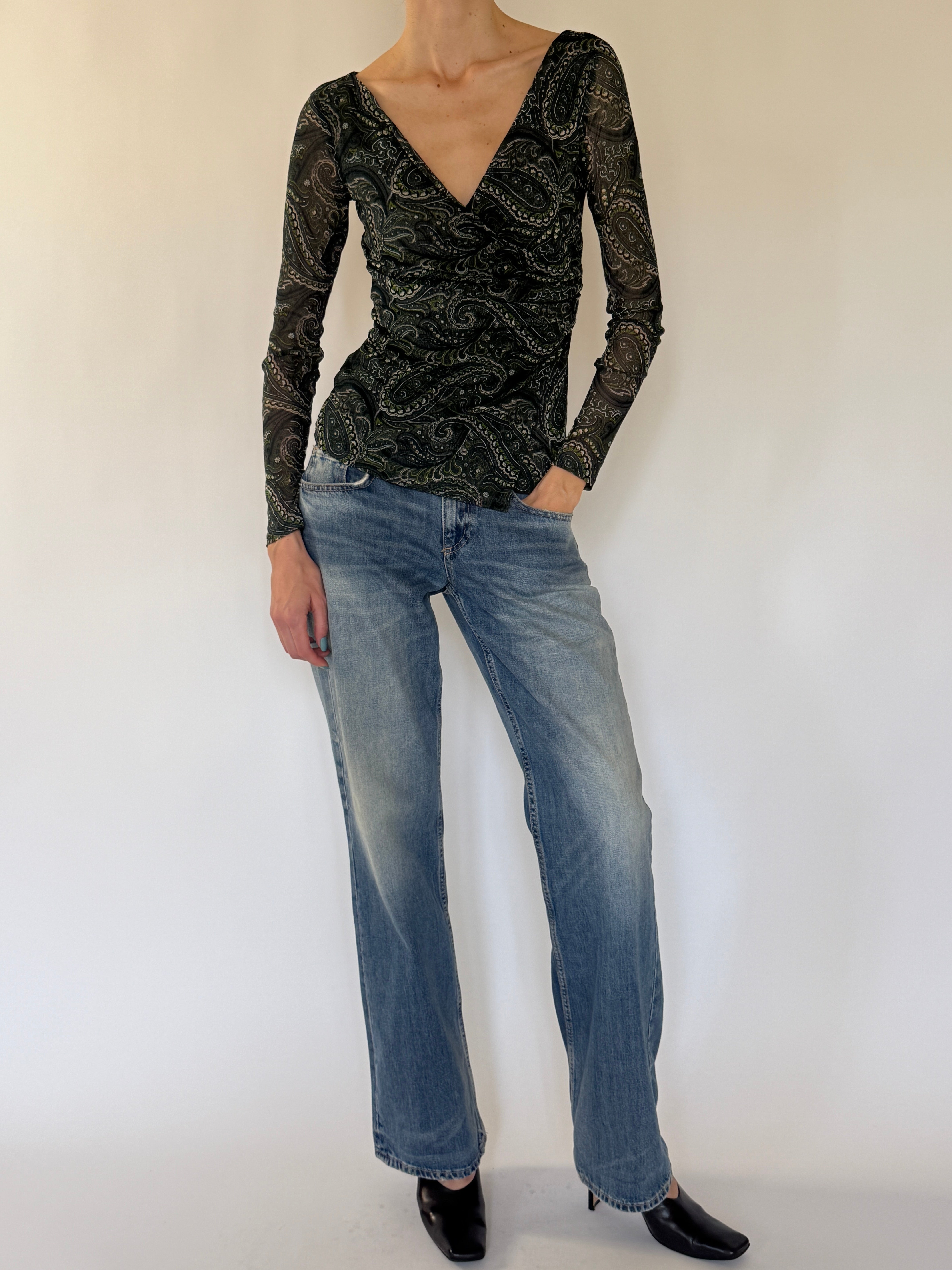 Vintage green paisley mesh wrap top styling view