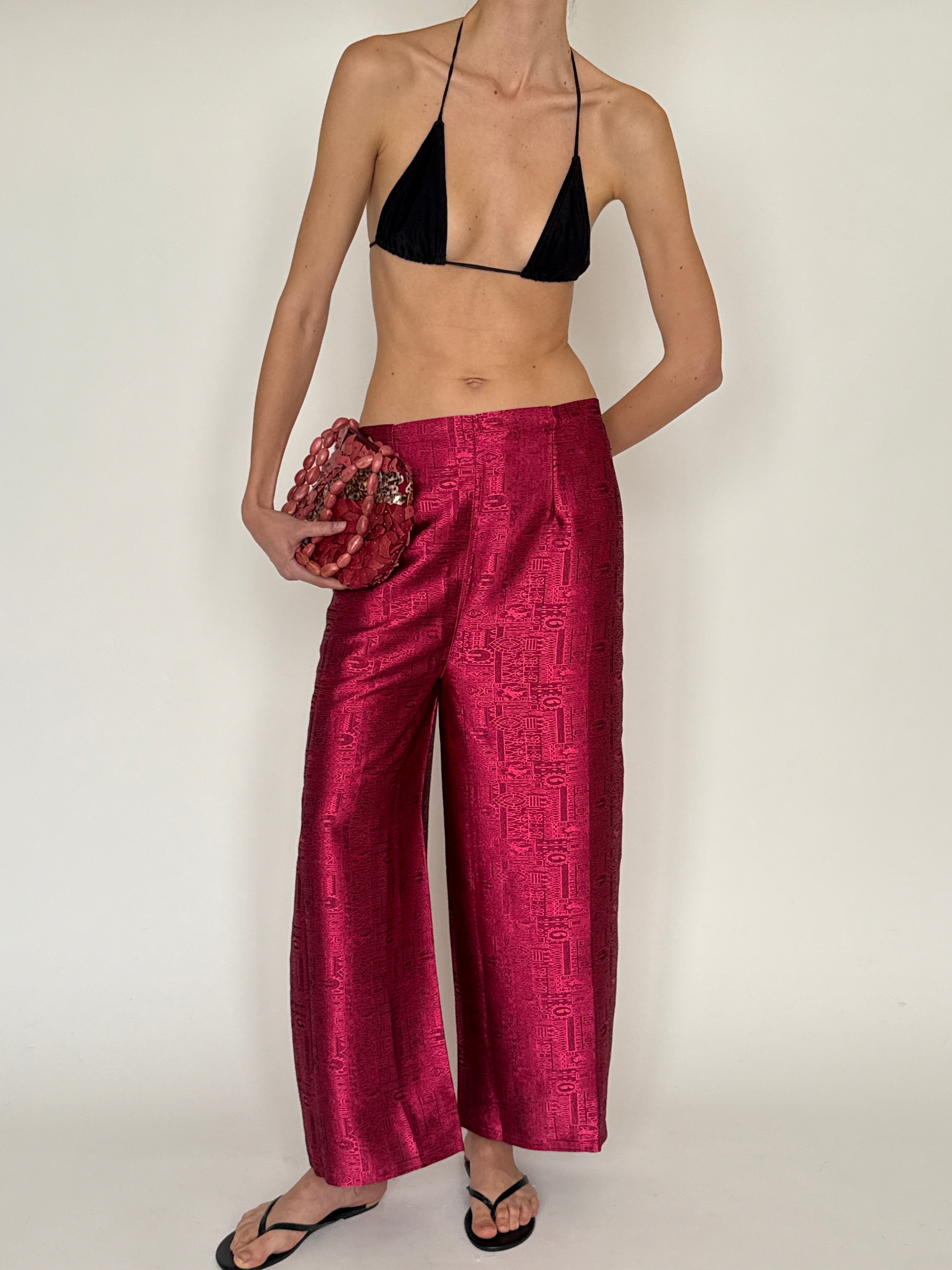 Vintage metallic dusty rose pants full length view