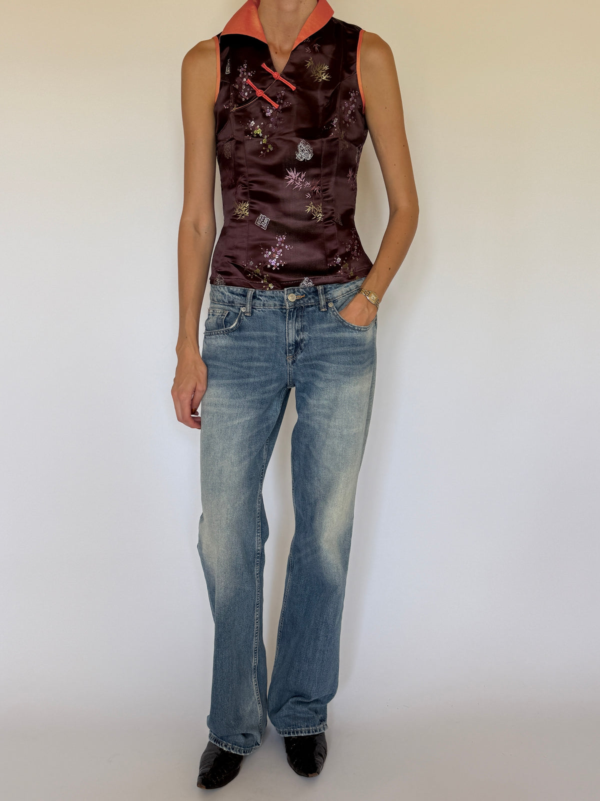 Vintage wine brocade top front view with coral frog closures