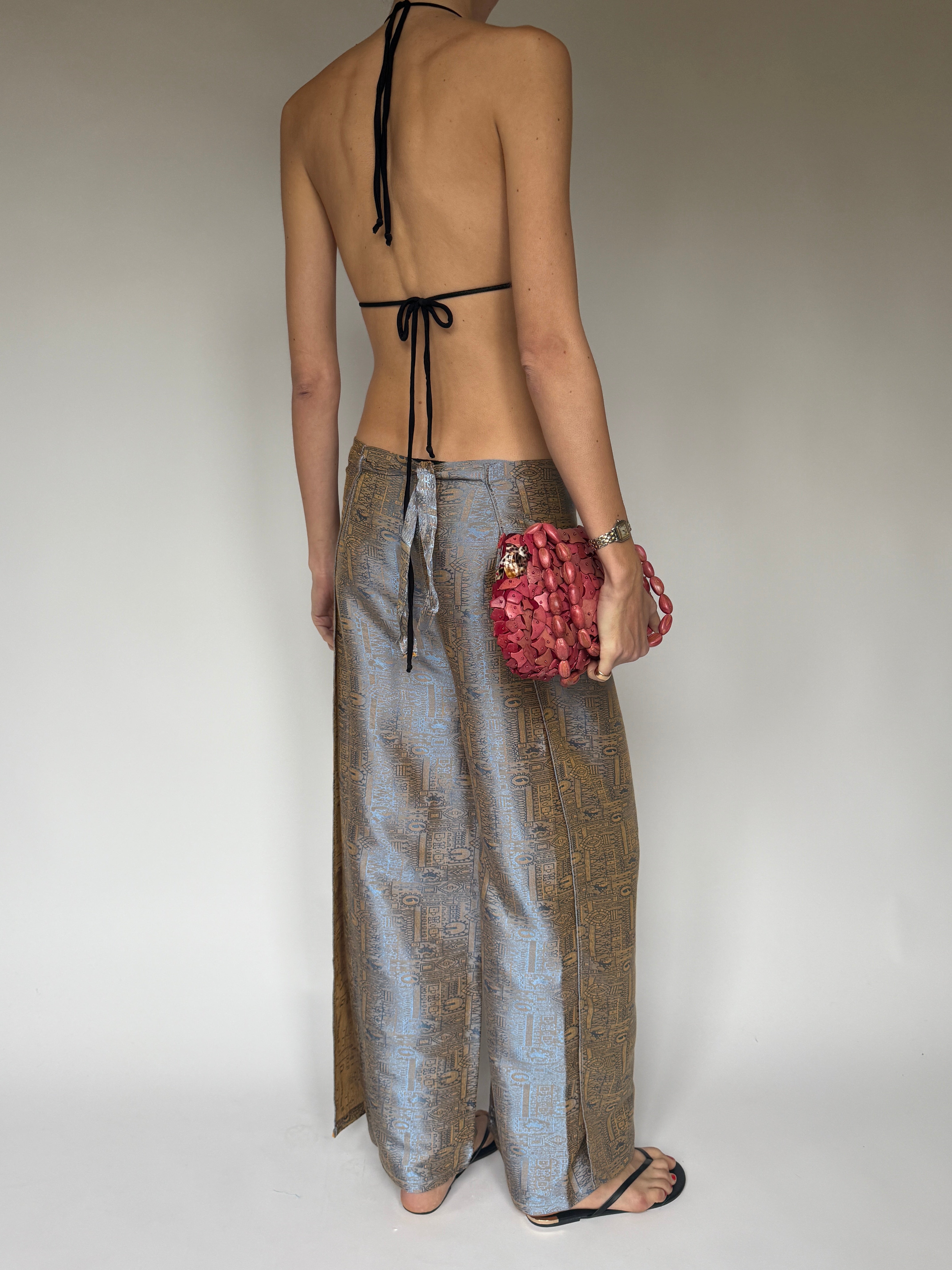 Vintage high-rise pants in light blue and tan with subtle allover motif back view