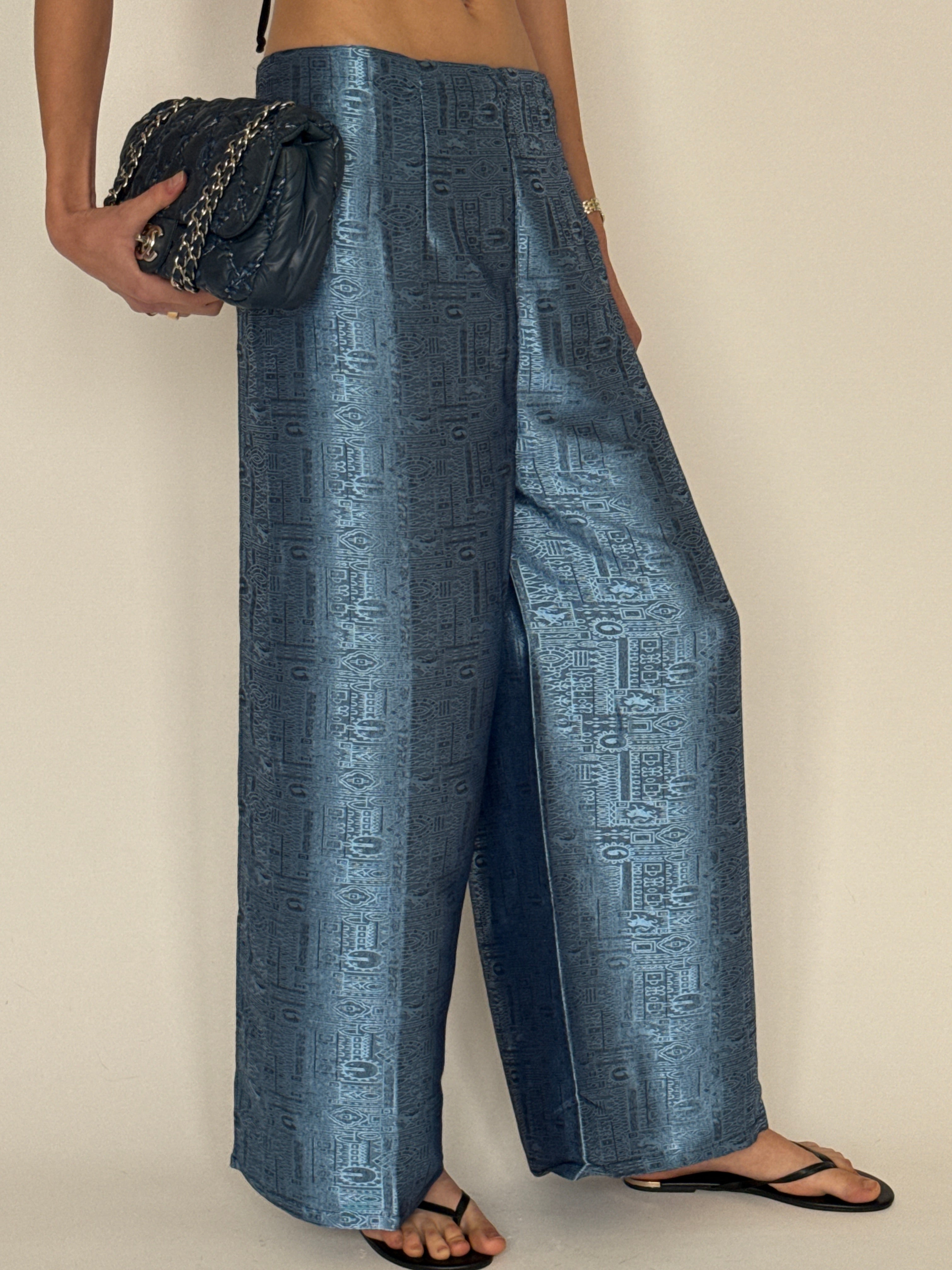 Vintage metallic blue jacquard wide-leg trousers side view