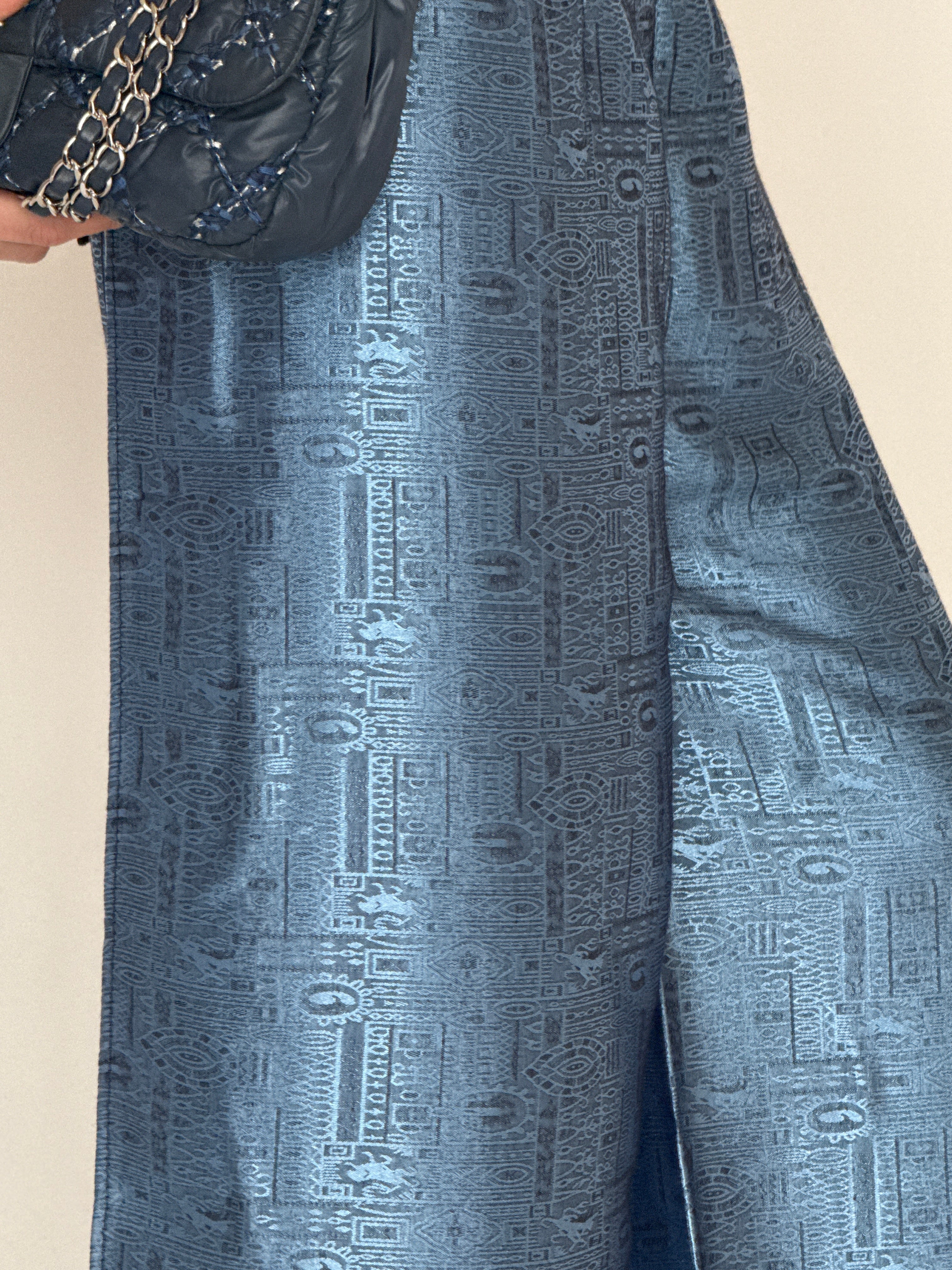 Vintage metallic blue jacquard fabric close-up