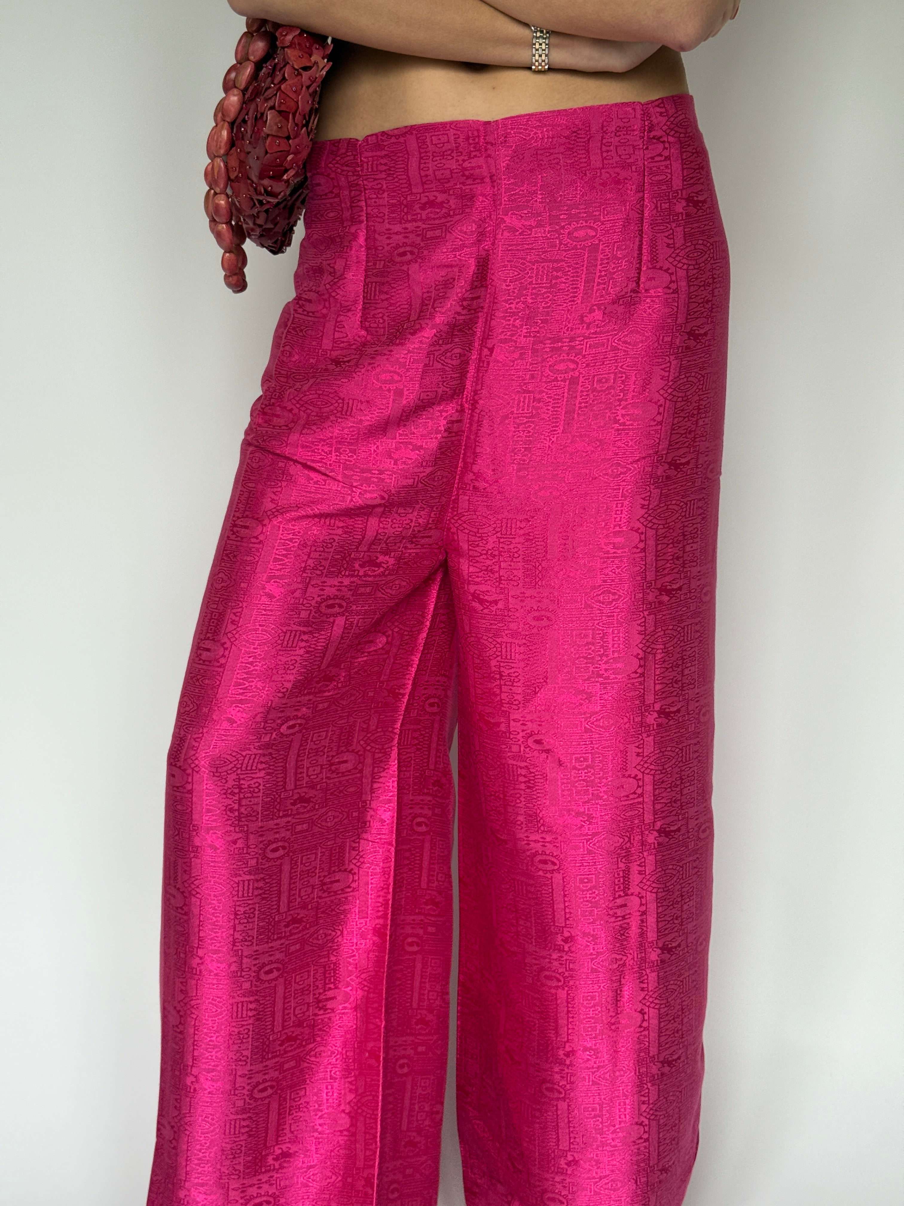 Vintage pink wrap pants, wide leg fit fabric close-up