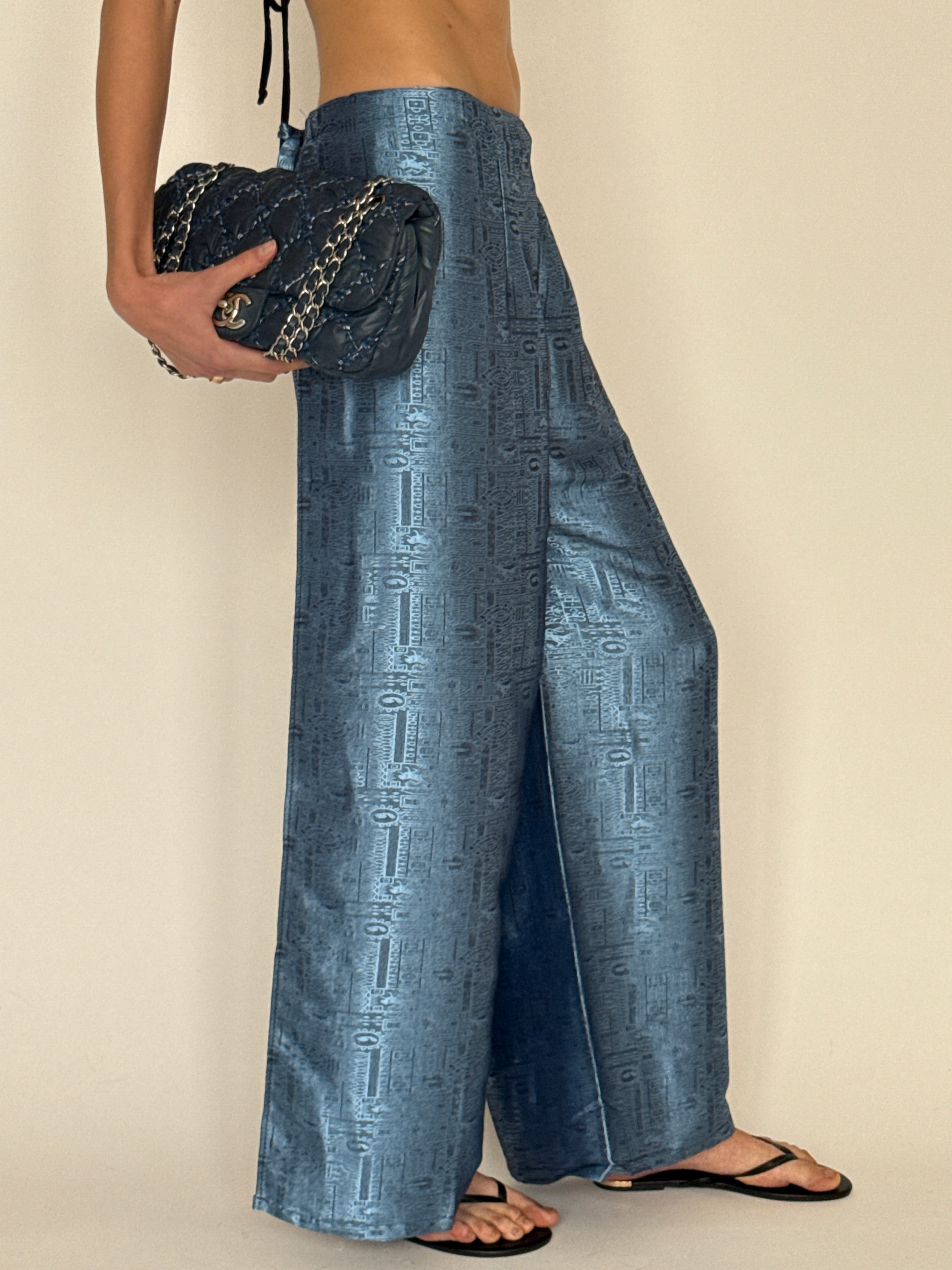 Vintage metallic blue jacquard wide-leg trousers side view