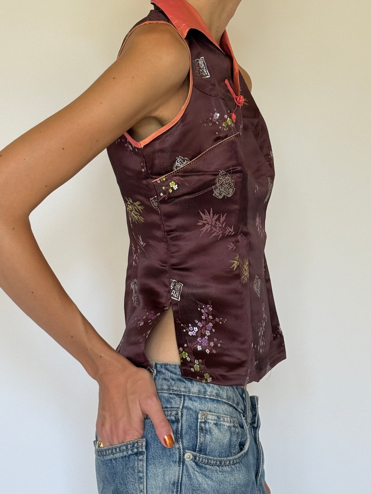 Vintage wine brocade top side view with side slit