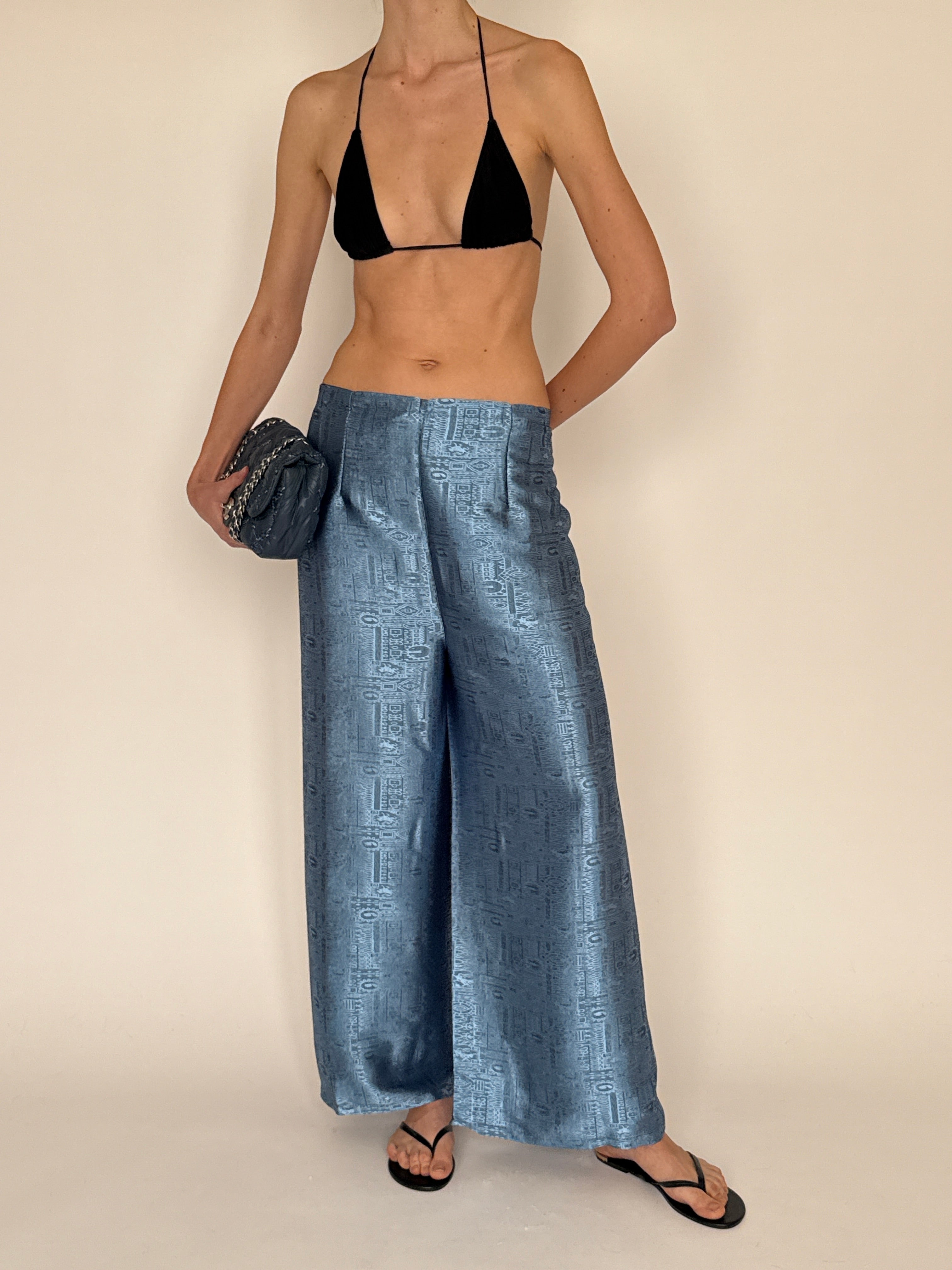 Vintage metallic blue jacquard wide-leg trousers front view