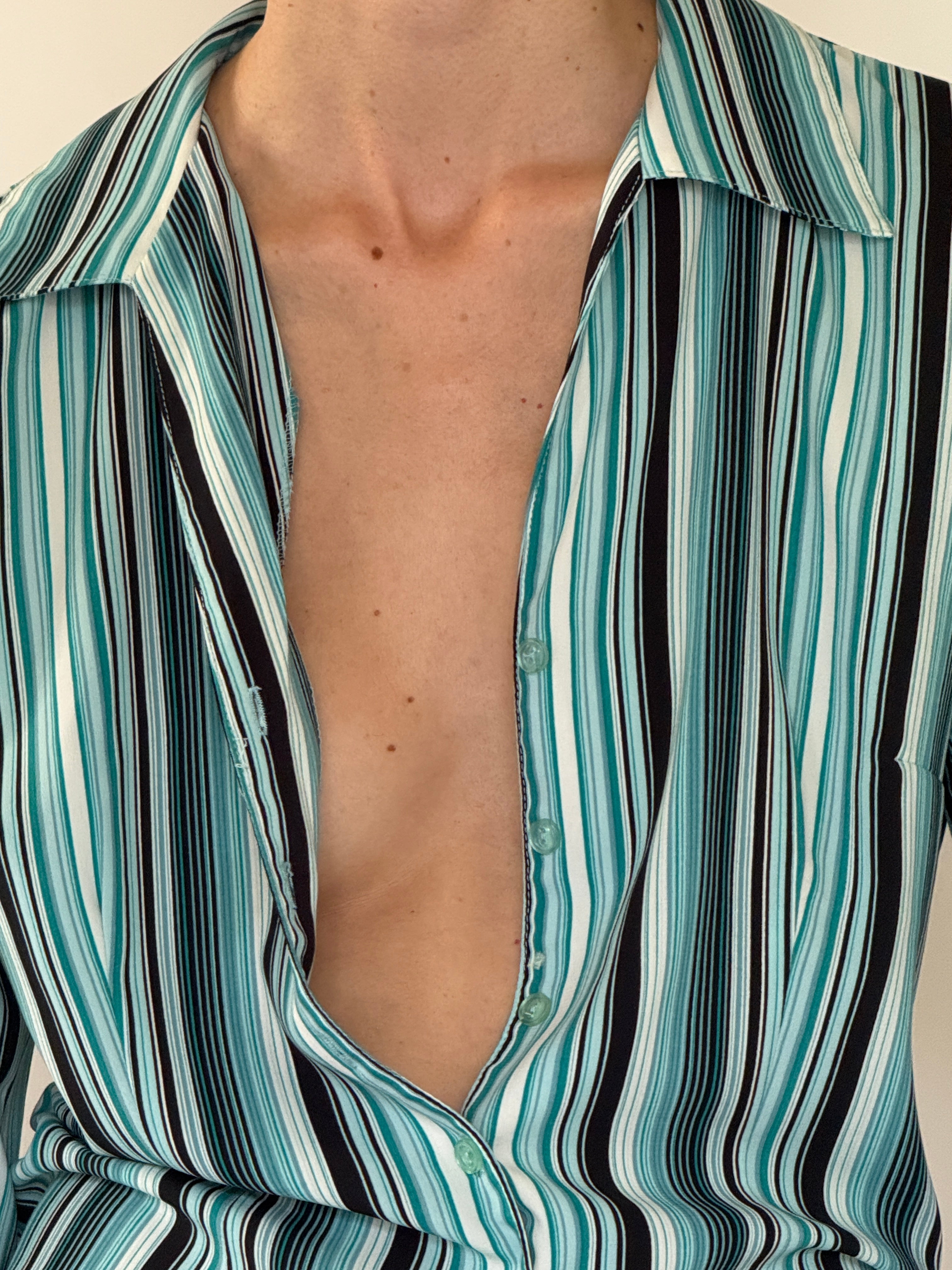 Vintage aqua striped blouse button-front detail