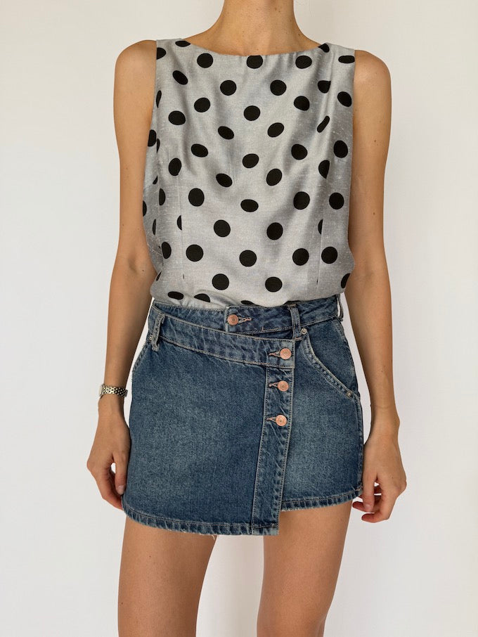 Vintage Polka Dot Top Grey & Black 6030