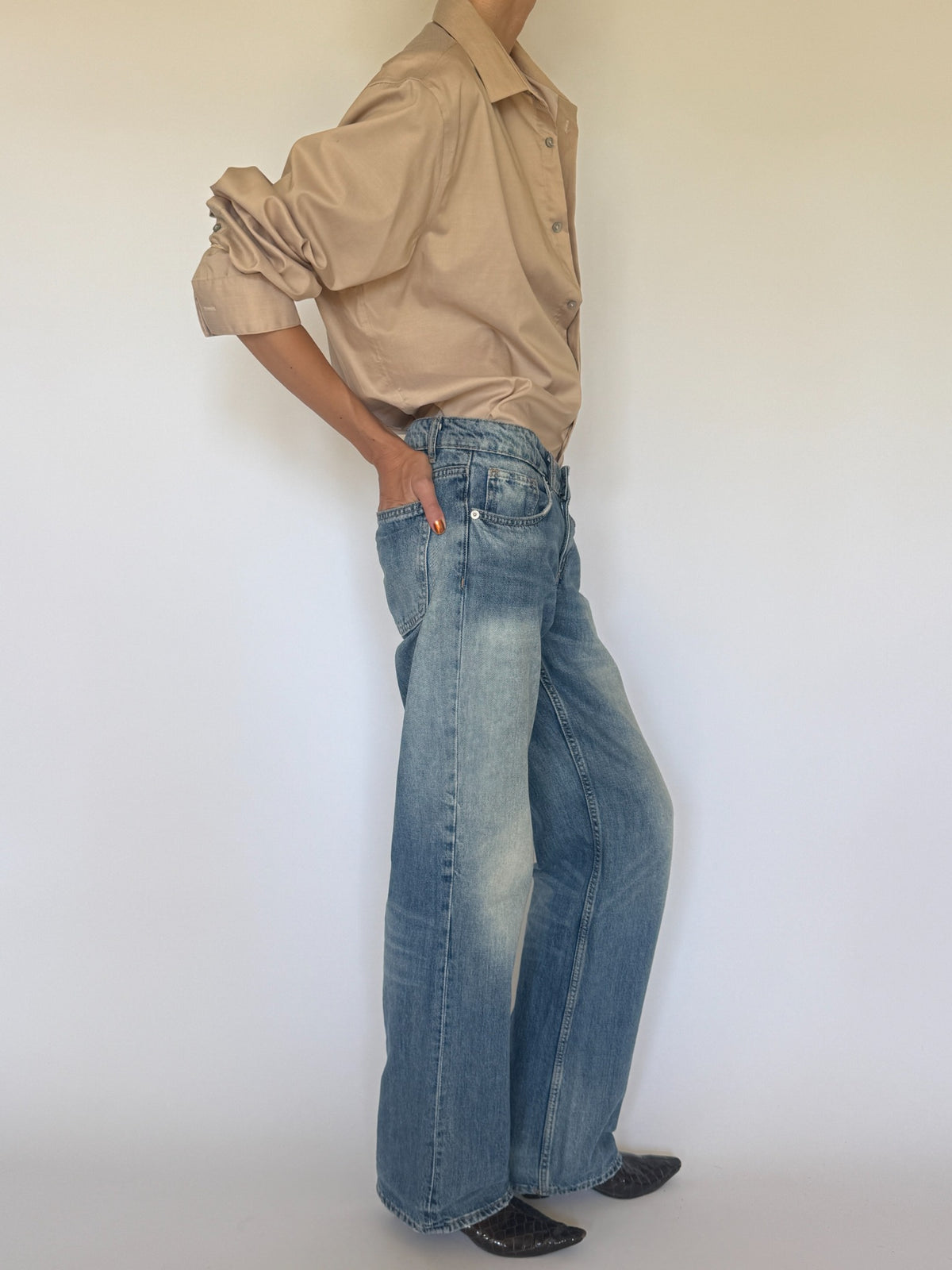 Vintage beige oversized shirt side view