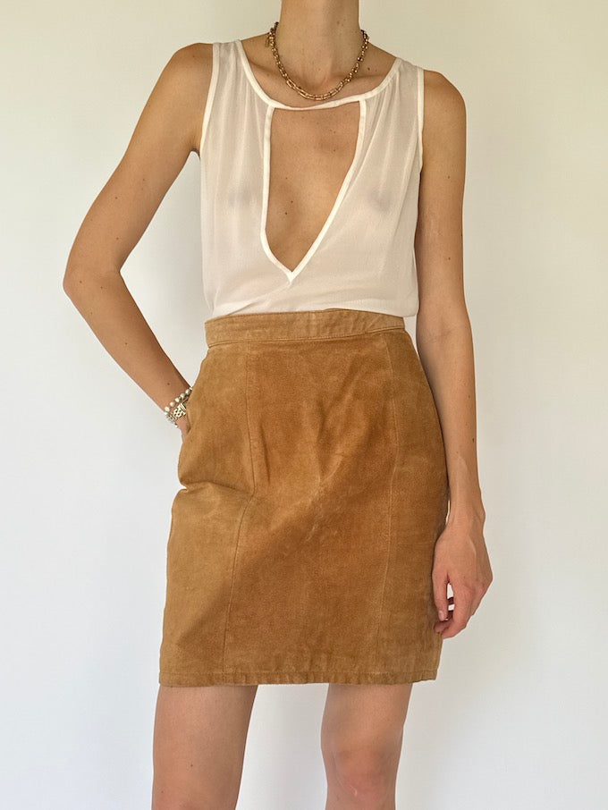 Vintage Brown suede Leather Skirt in honey brown 4649