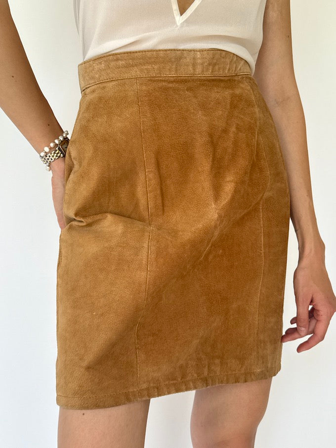 Vintage Brown suede Leather Skirt in honey brown 4649