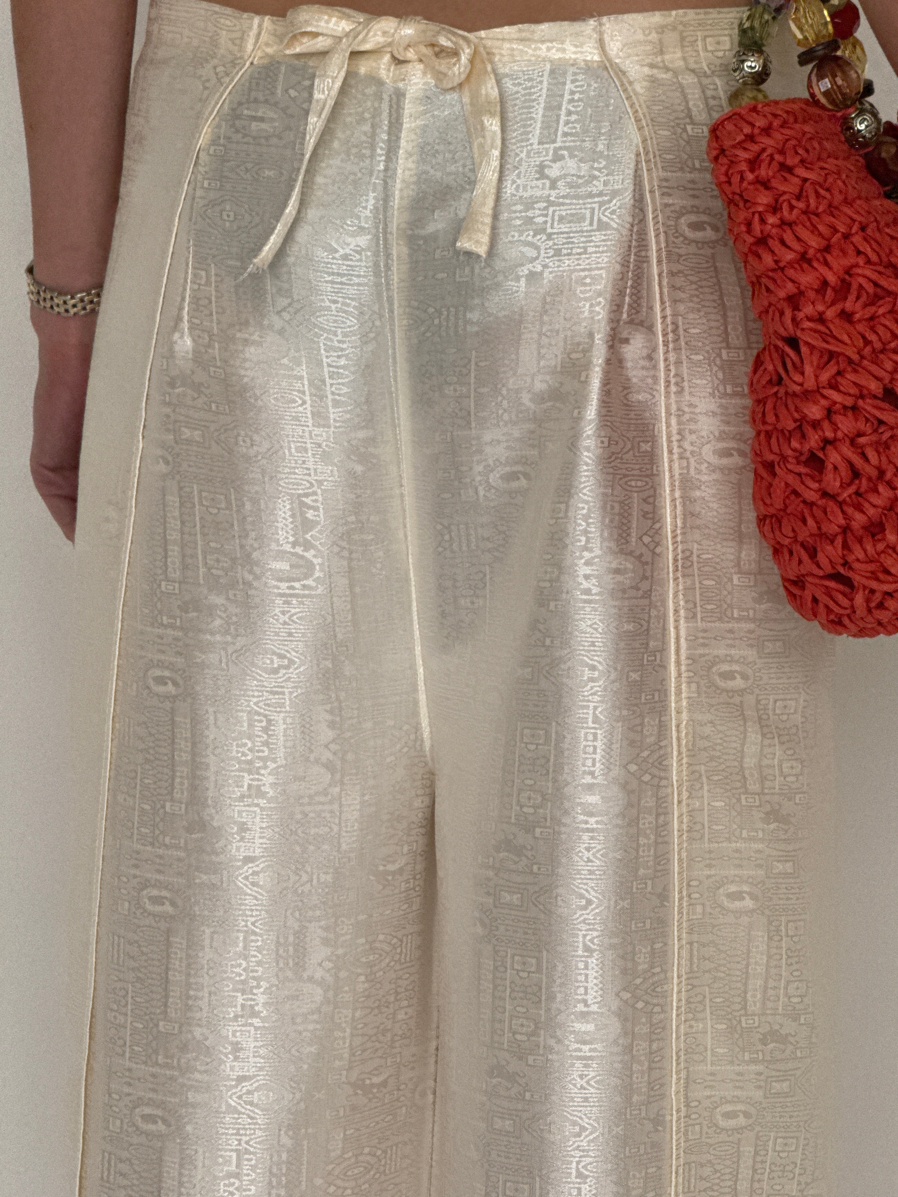 Vintage ivory jacquard wide-leg wrap trousers back view