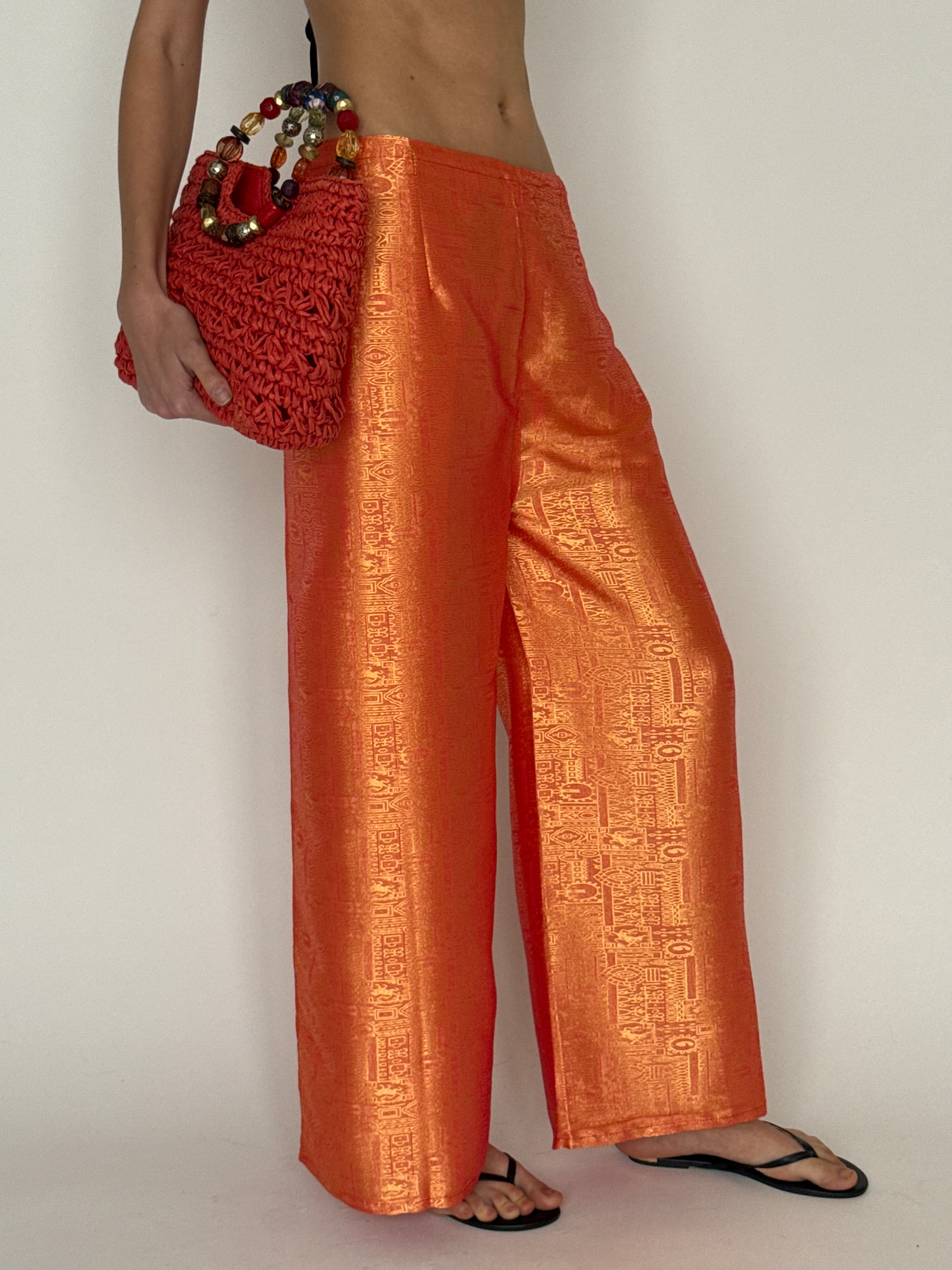 Vintage orange jacquard wide-leg wrap trousers side view