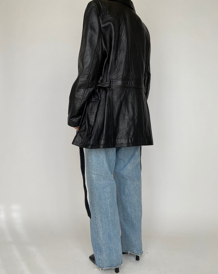 VINTAGE BLACK SHORT LEATHER TRENCH JACKET 4172