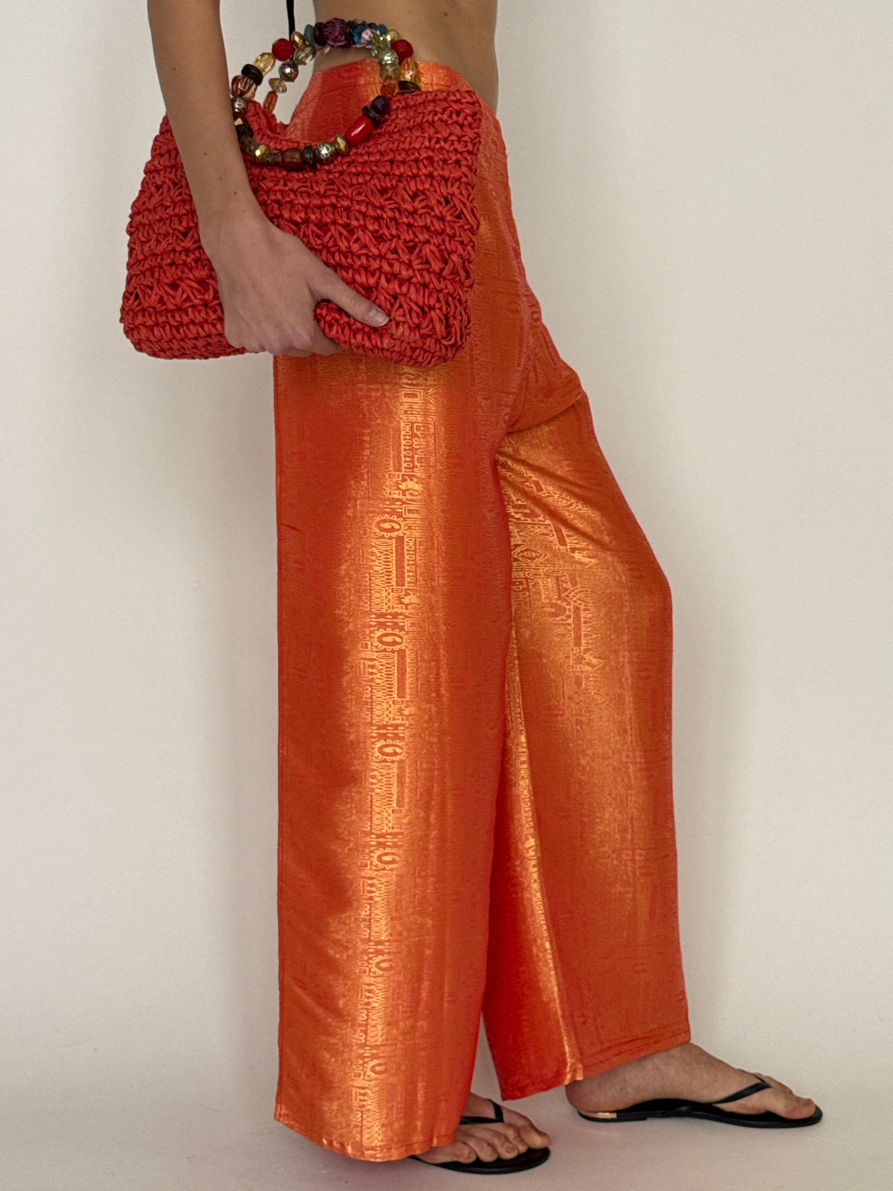 Vintage orange jacquard wrap trousers waistband detail