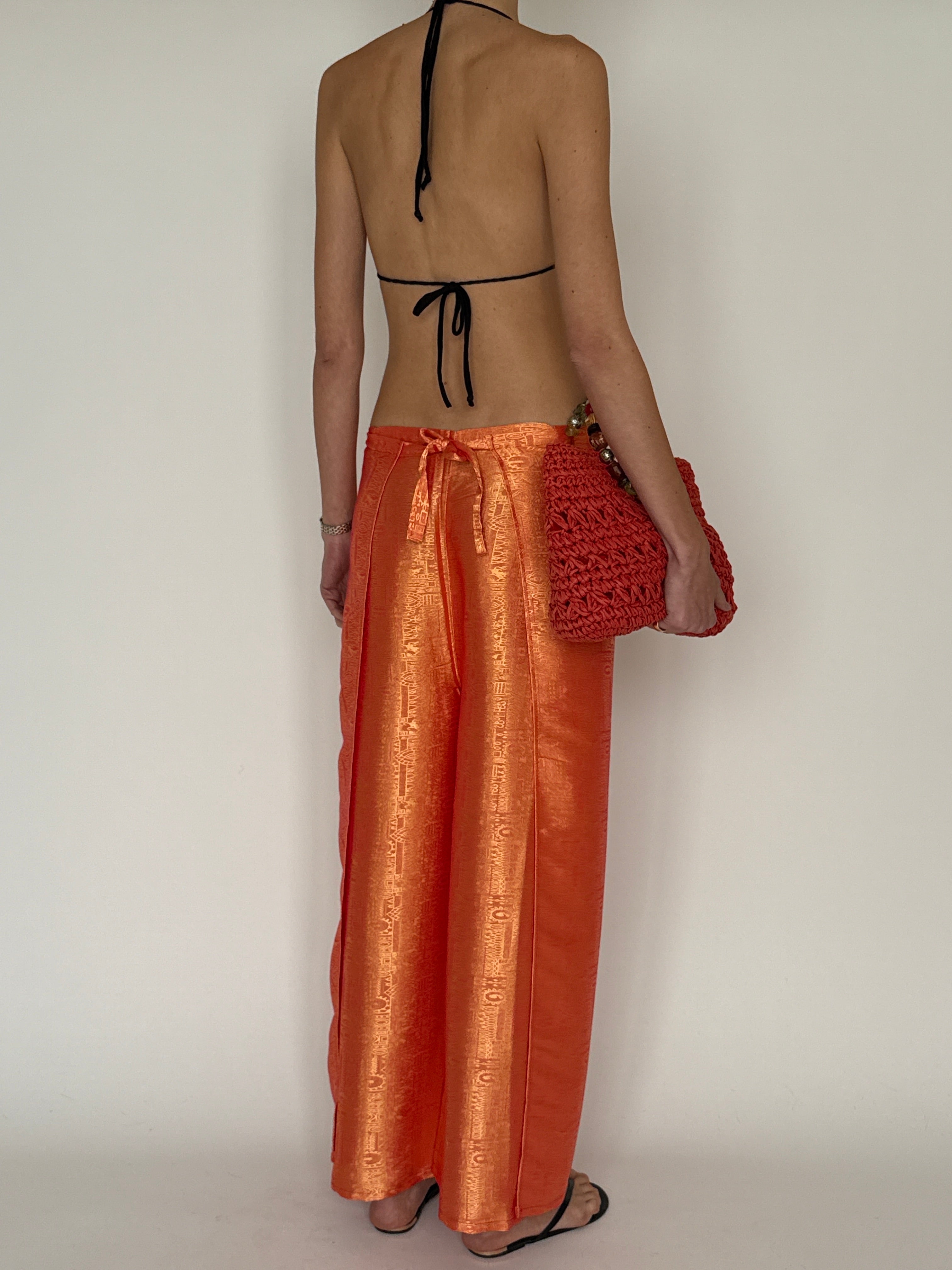 Vintage orange jacquard wide-leg wrap trousers back view
