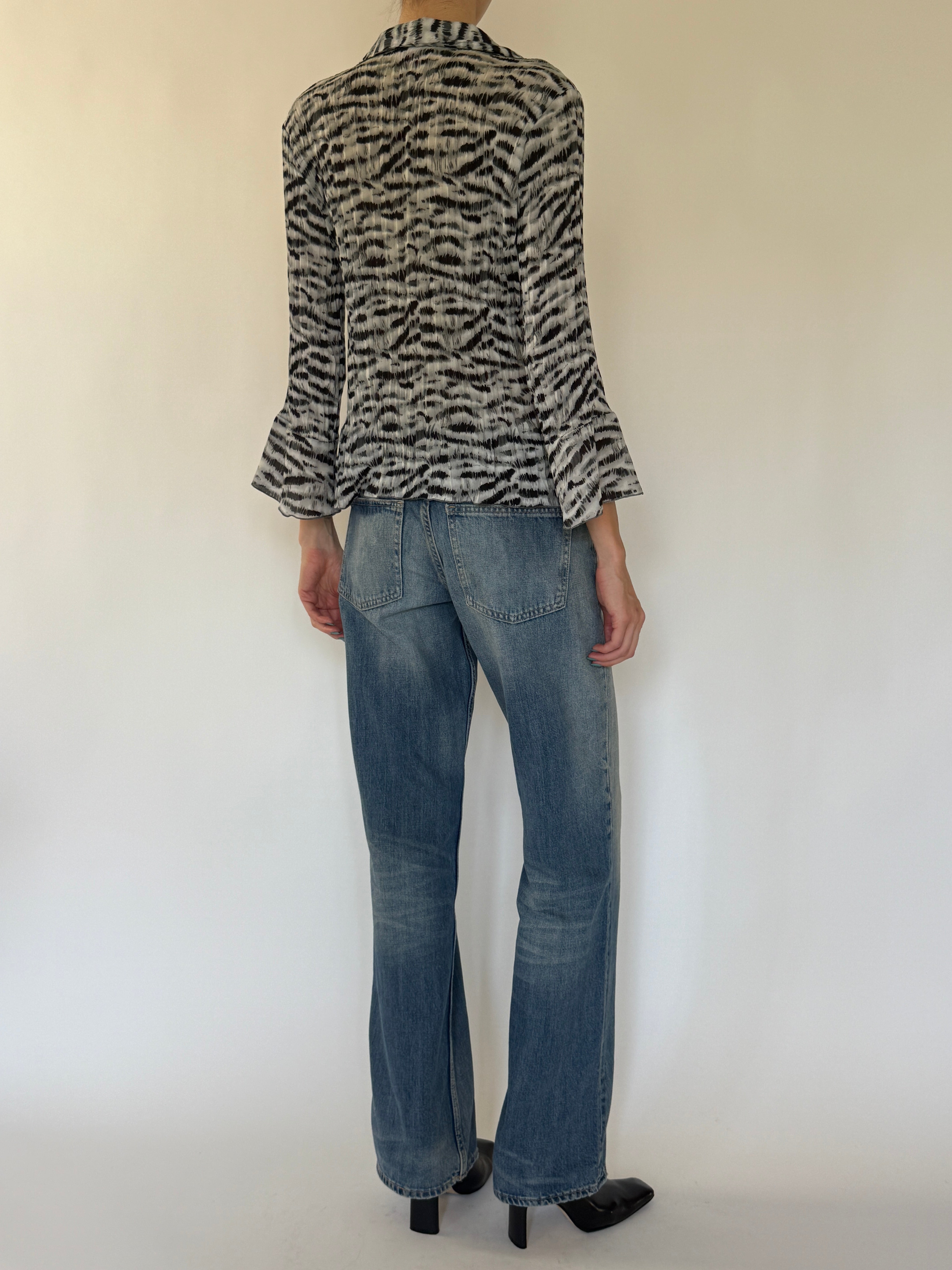 Vintage zebra print ruffle blouse back view