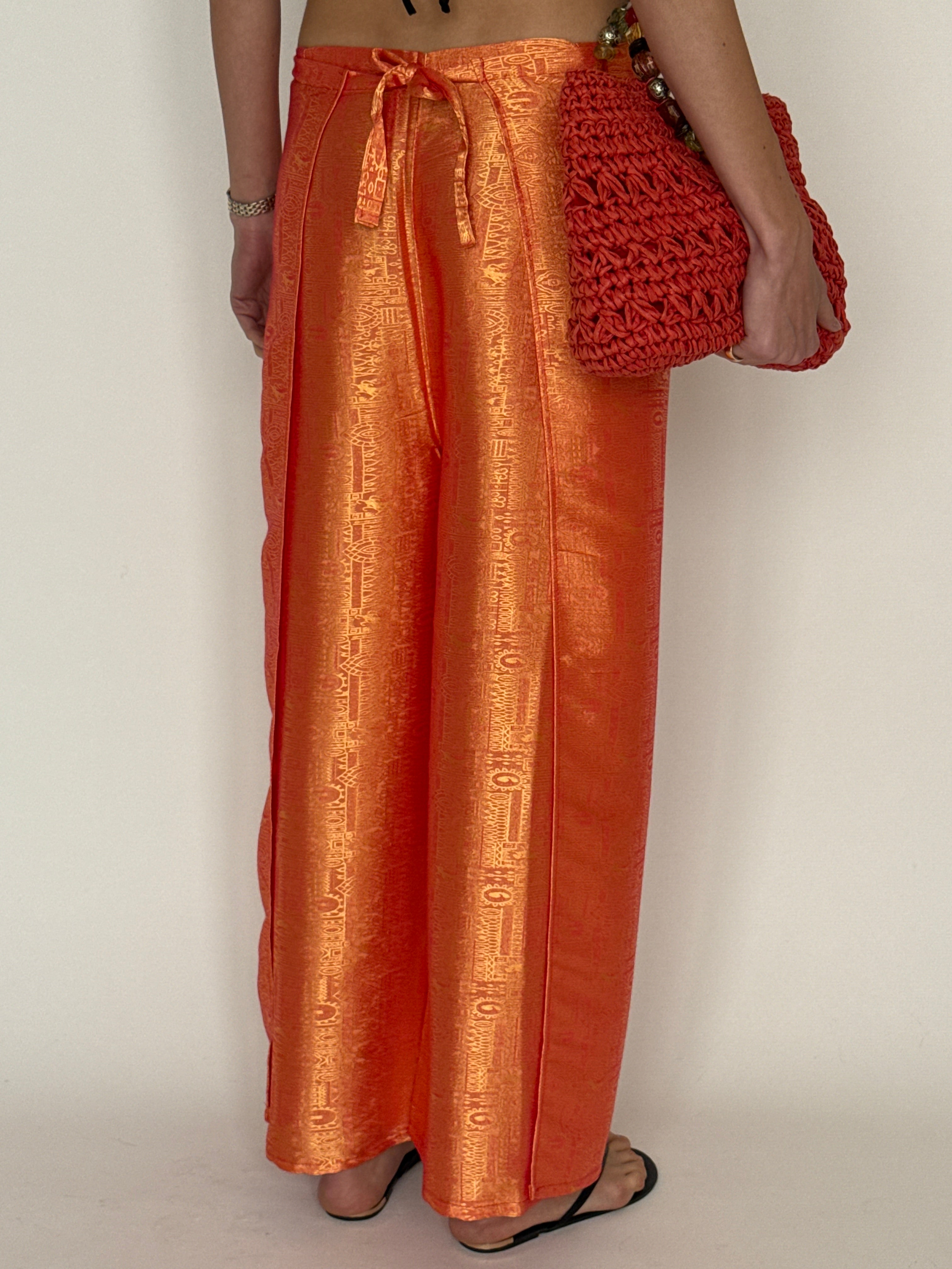 Vintage orange jacquard wide-leg wrap trousers back view