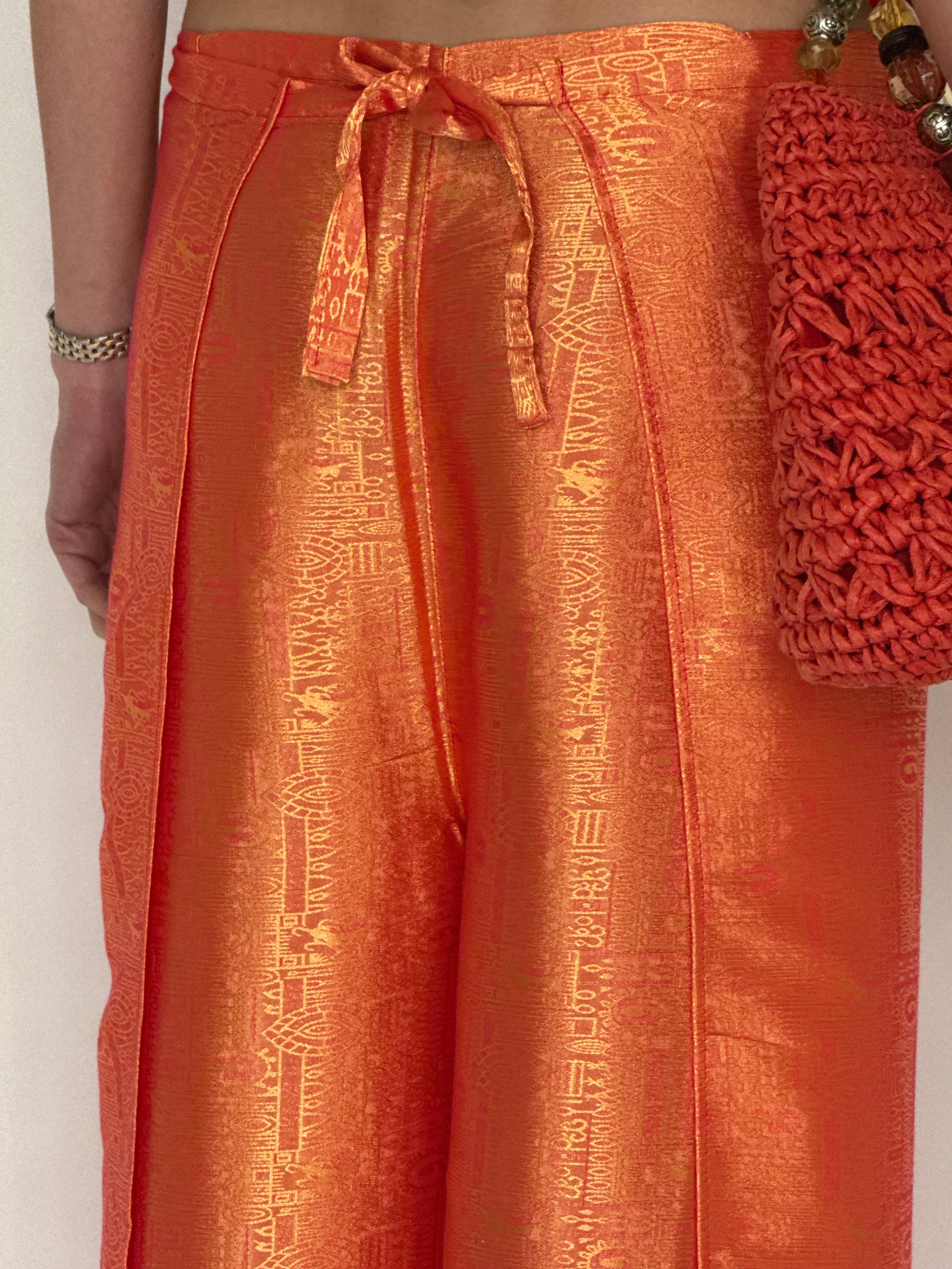 Vintage orange jacquard wide-leg wrap trousers back view