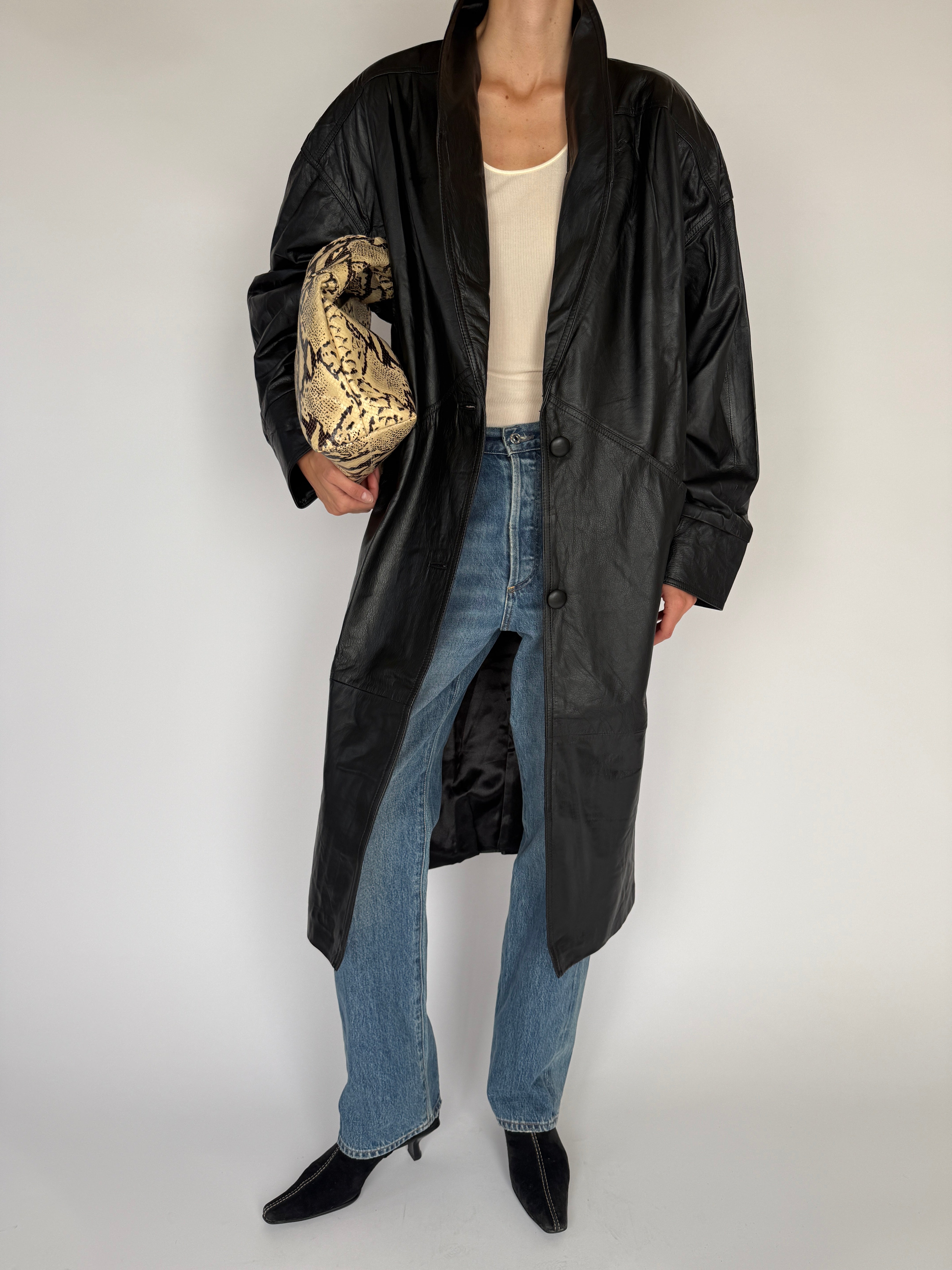 Vintage Long Leather Jacket Black 6344
