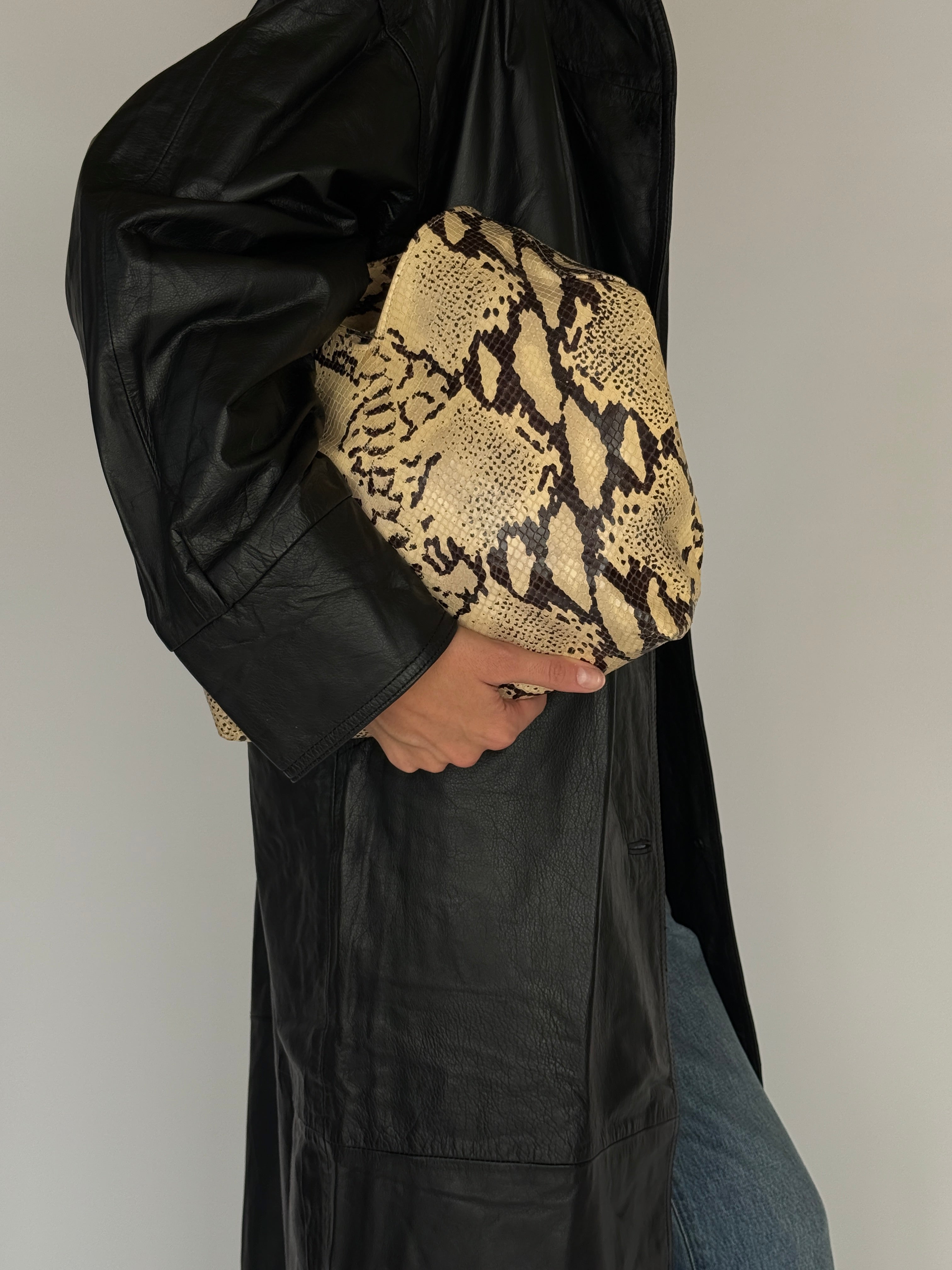 Vintage Long Leather Jacket Black 6344