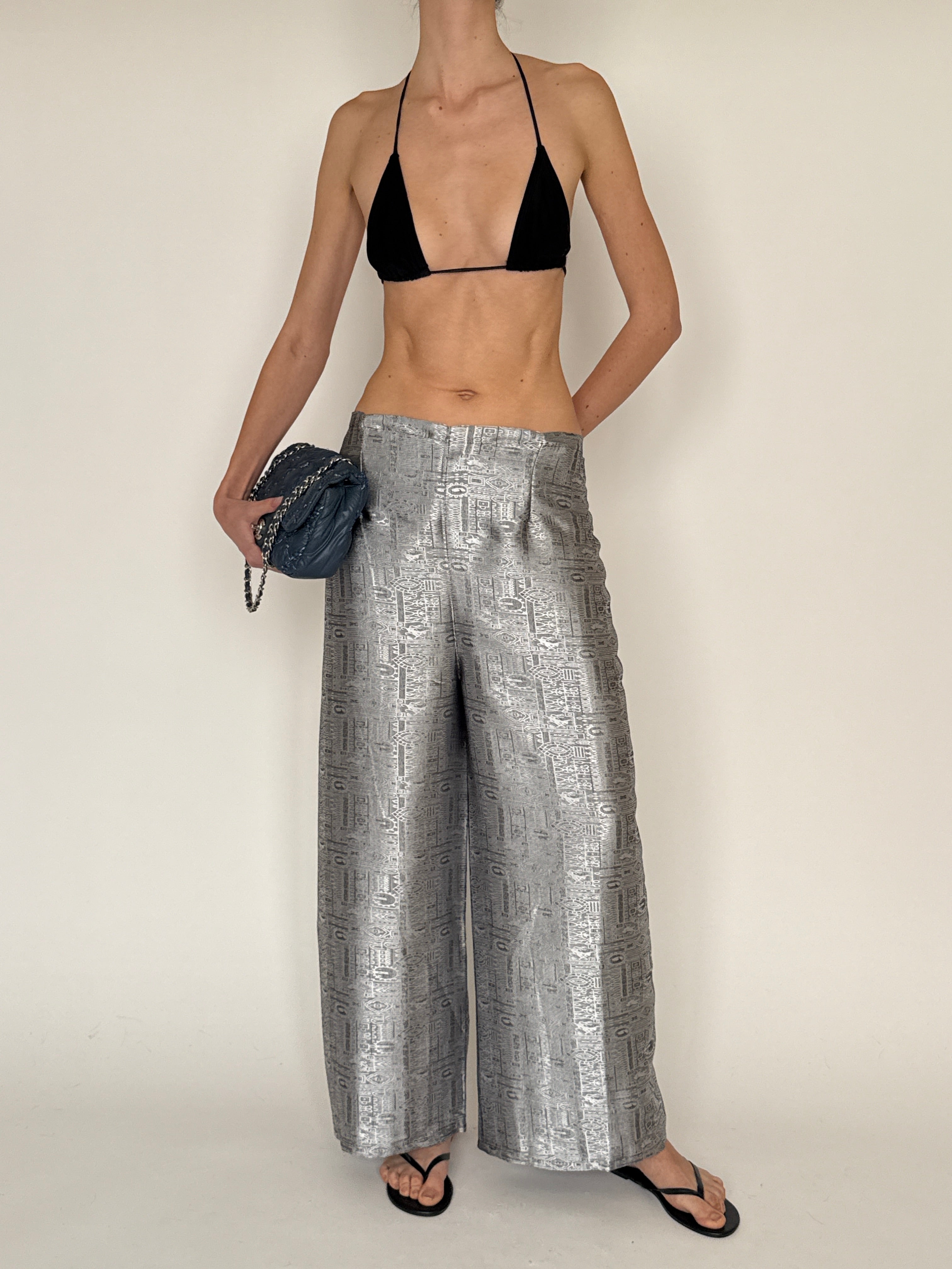 Vintage metallic jacquard wide-leg wrap trousers silver blue draped leg detail