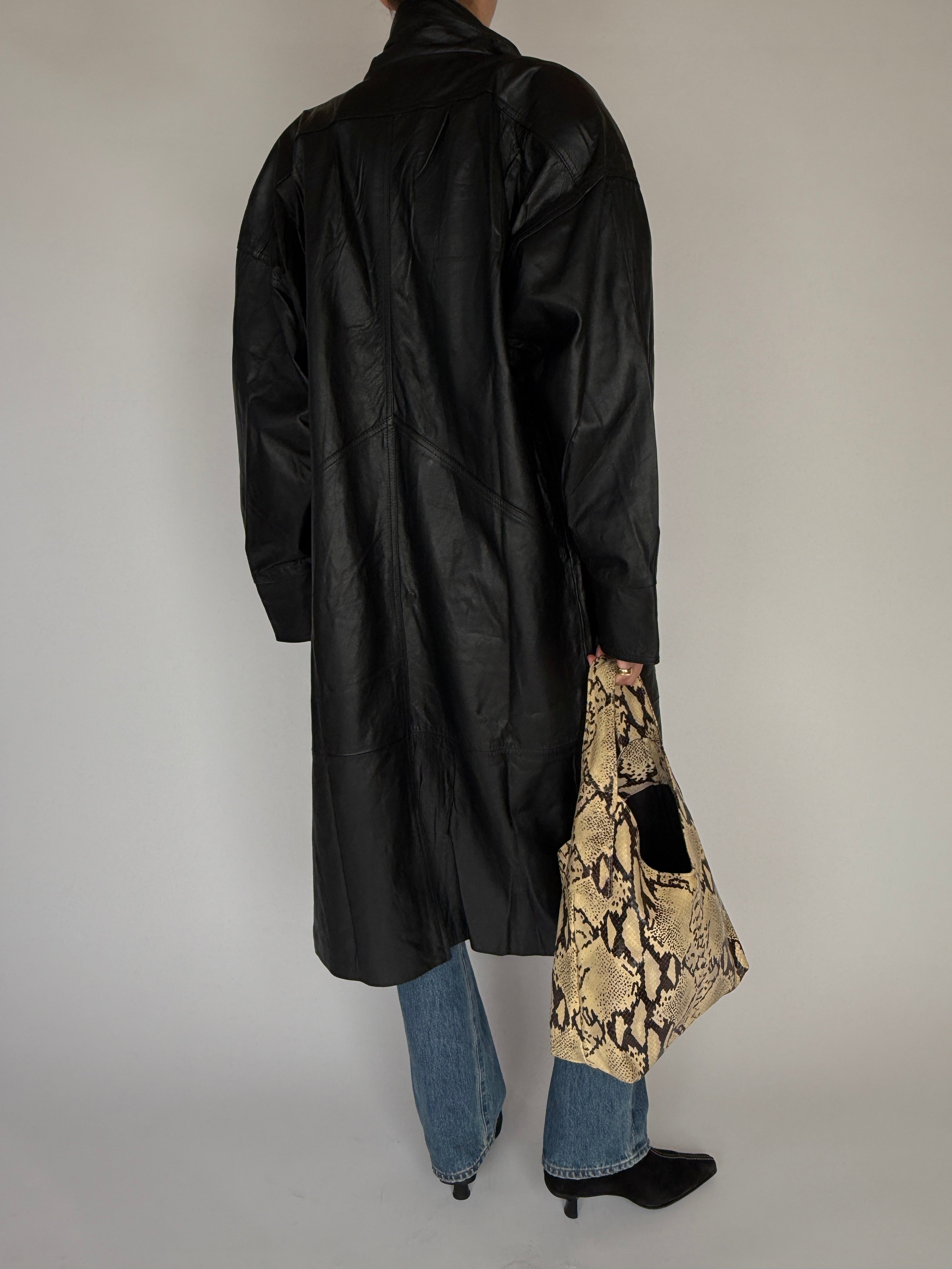 Vintage Long Leather Jacket Black 6344