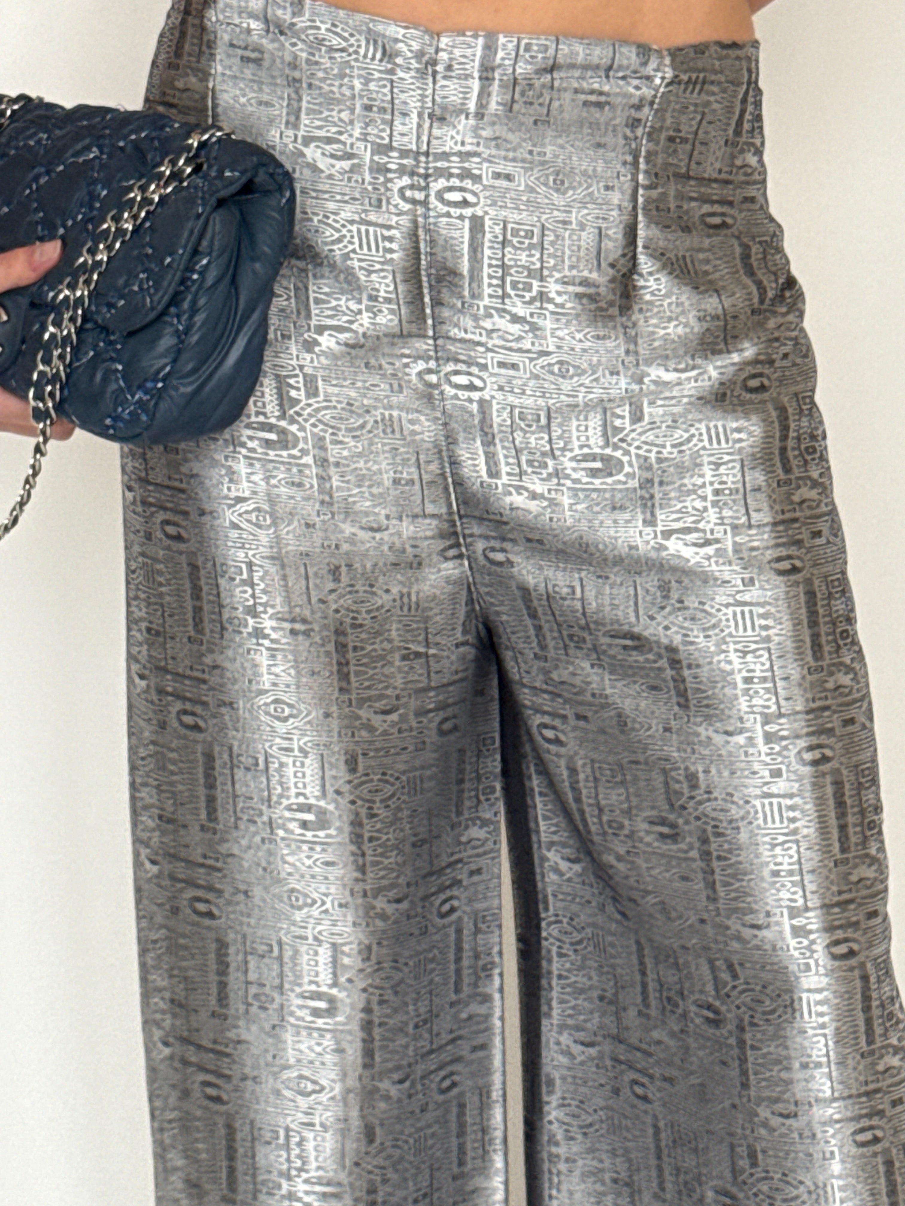 Vintage metallic jacquard wide-leg wrap trousers silver blue texture