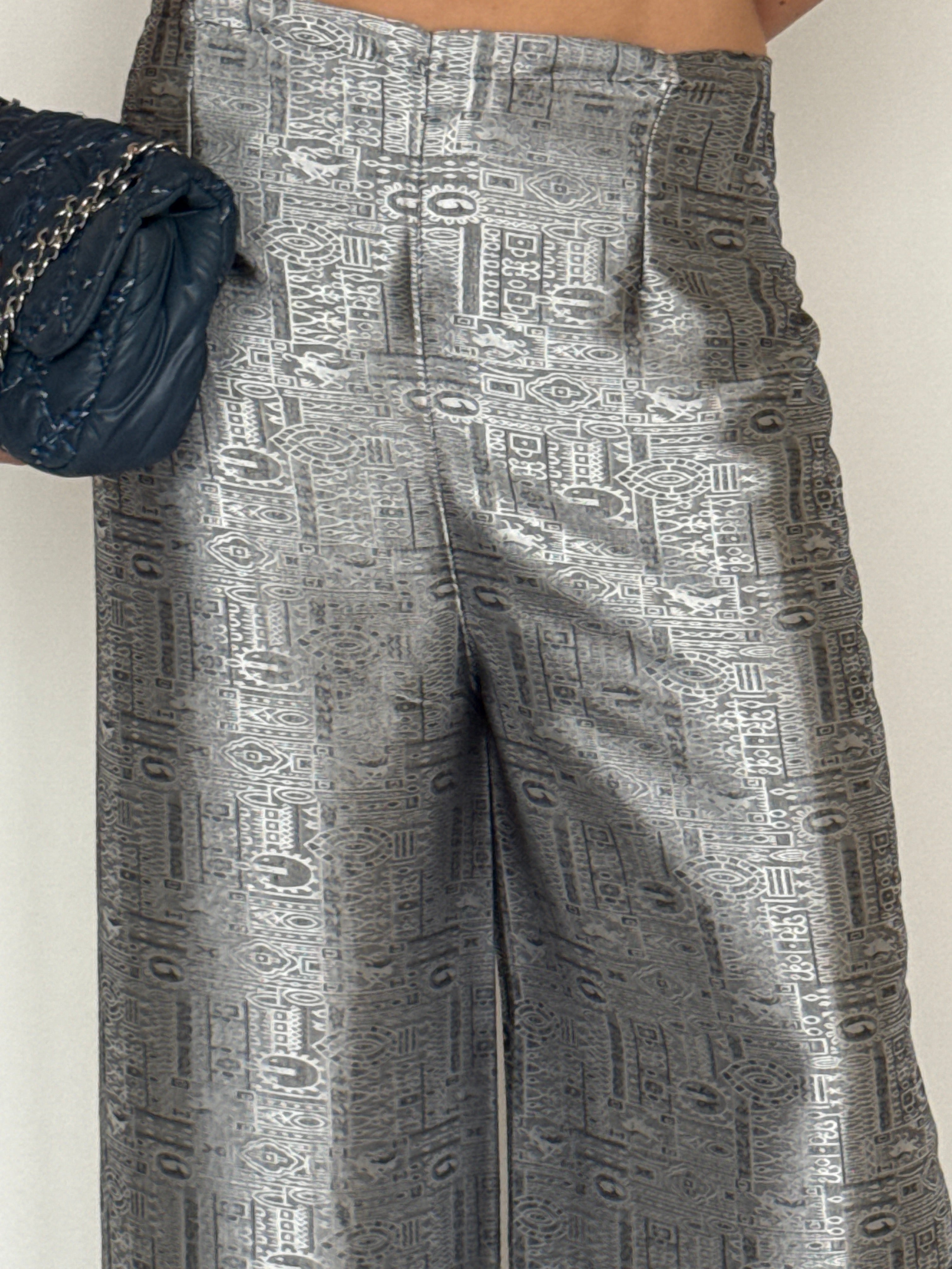 Vintage metallic jacquard fabric wide-leg trousers silver blue close-up