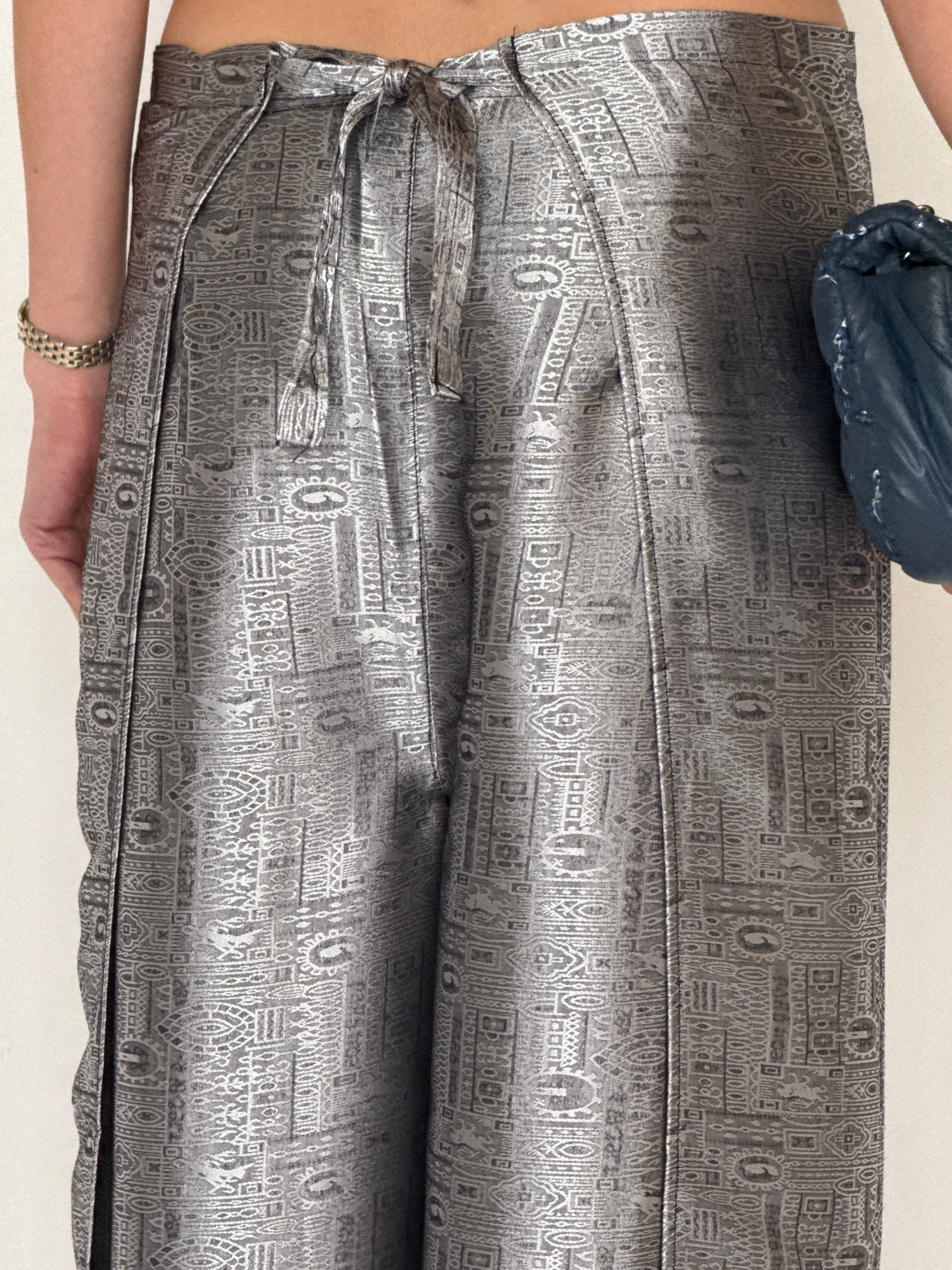 Vintage metallic jacquard wide-leg trousers silver blue wrap silhouette detail