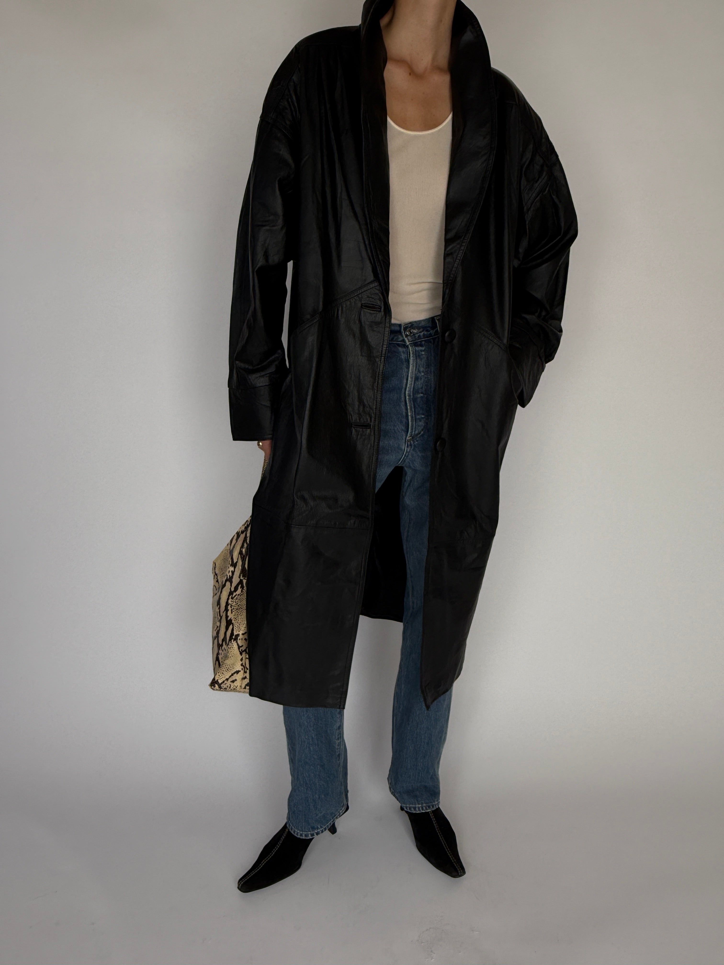 Vintage Long Leather Jacket Black 6344
