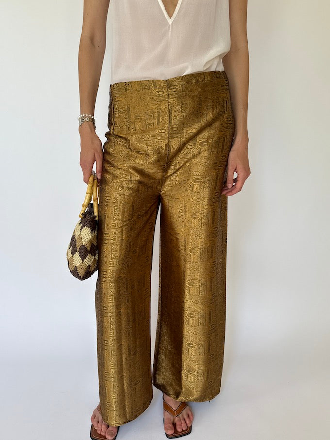 Vintage brocade Waist-Tie Wrap Pants gold 8200