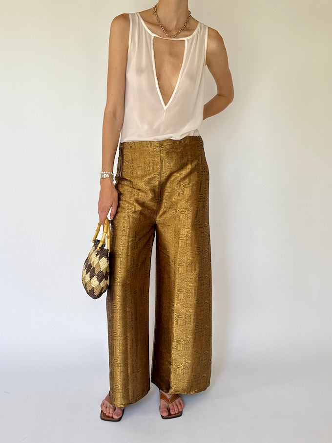 Vintage brocade Waist-Tie Wrap Pants gold 8200