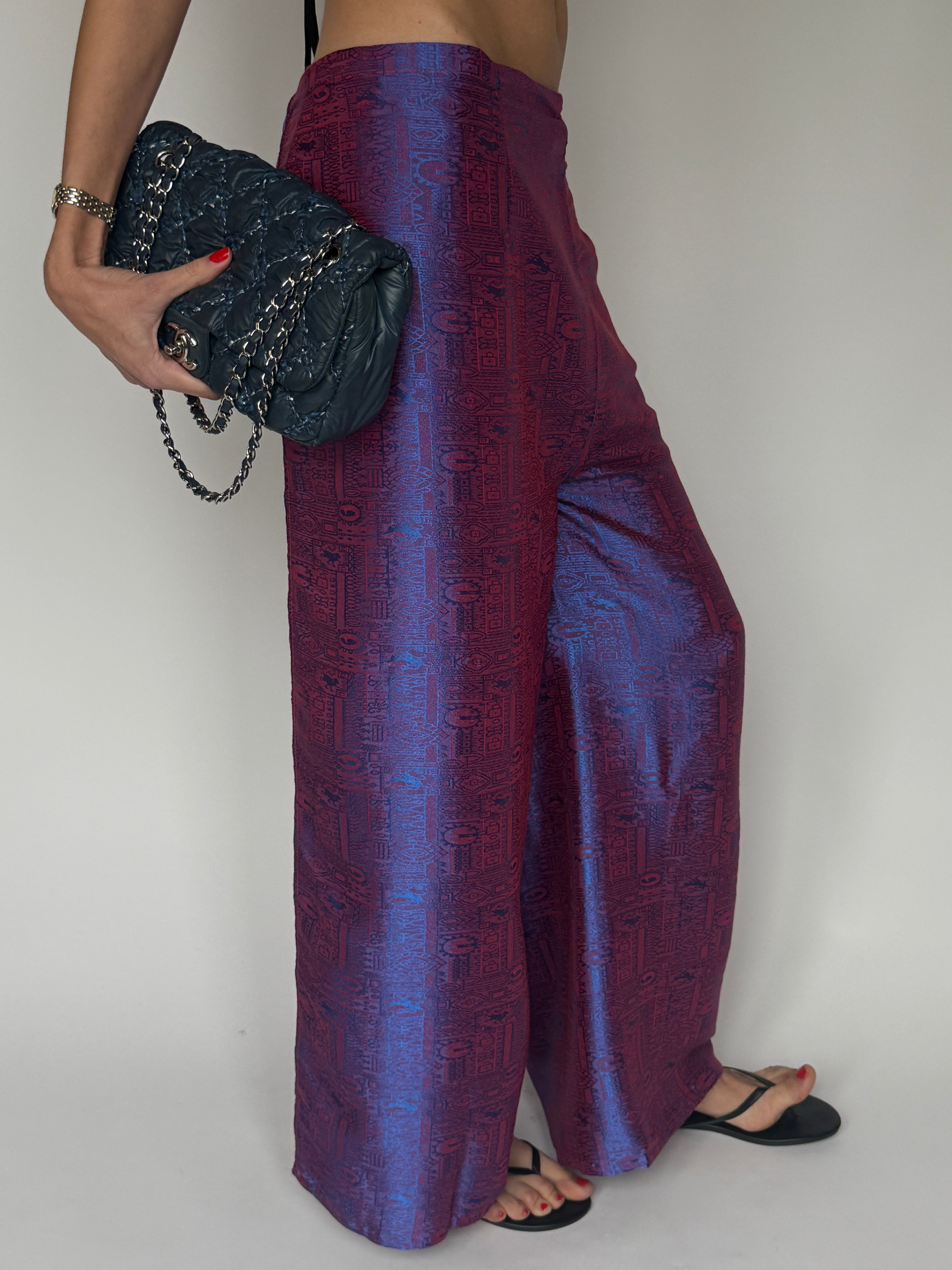 Vintage metallic jacquard wrap pants blue and purple side view